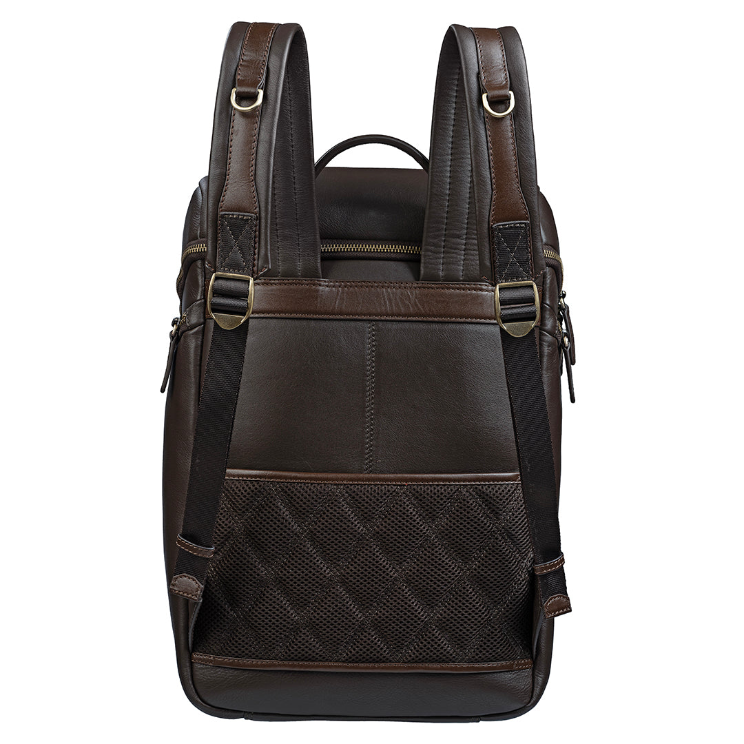 Back view of a genuine leather backpack for men, showcasing premium leather material and sleek, sophisticated design, ideal for office use.