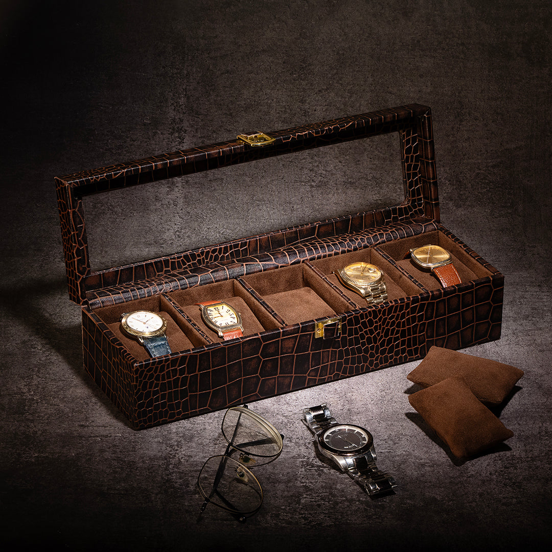 Bronx Watch Box (5 Watches) - Premium Genuine Leather Watch Box | Luxury Watch Organizer for Men | Color: Croco Brown Leather Talks