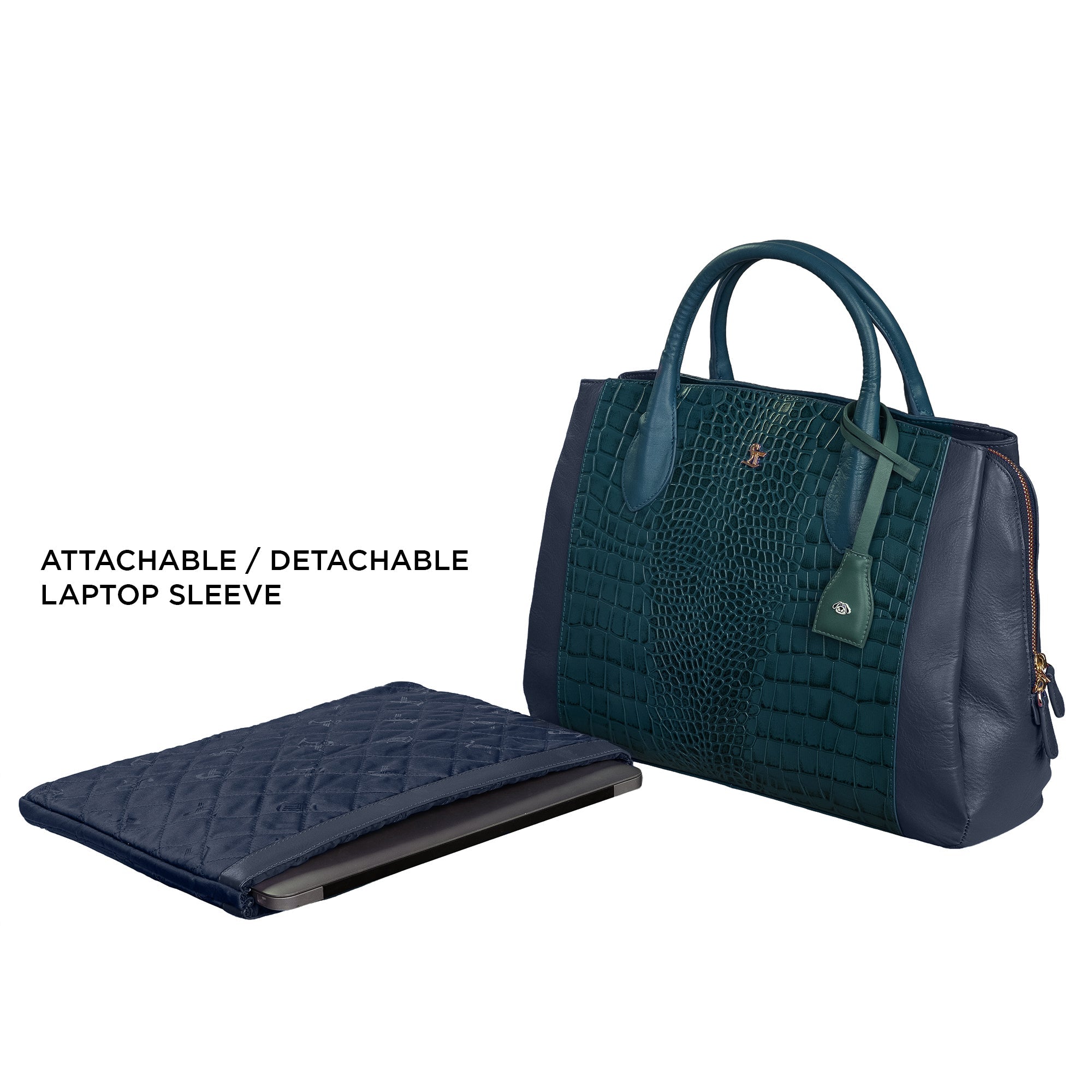 Clara Sr. Leather Bag for Women | Croco Embossed Shoulder Bag for Office, Travel & Everyday Use | Attachable/Detachable Laptop Sleeve
