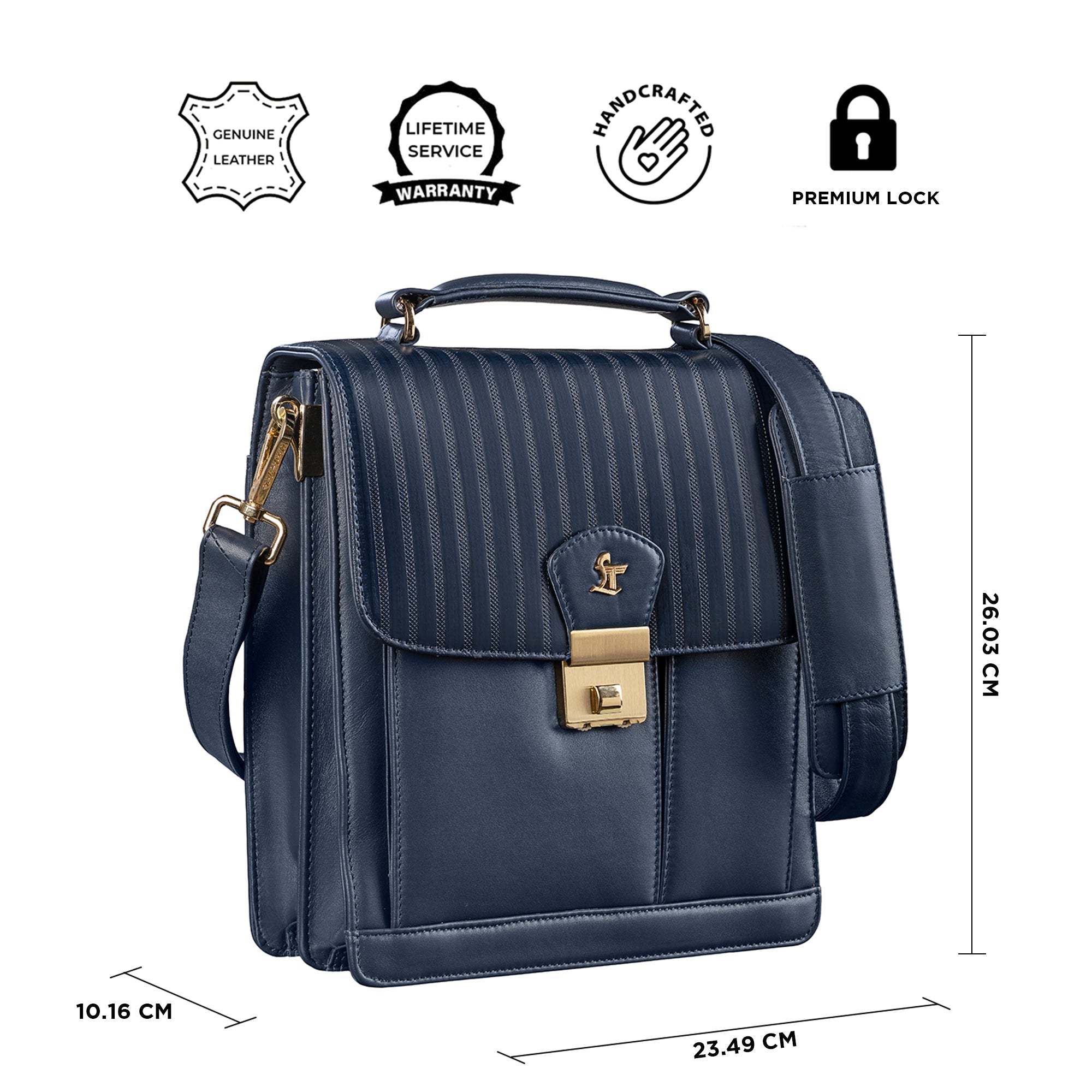 Side view of leather crossbody shoulder bag for men with buckle detail