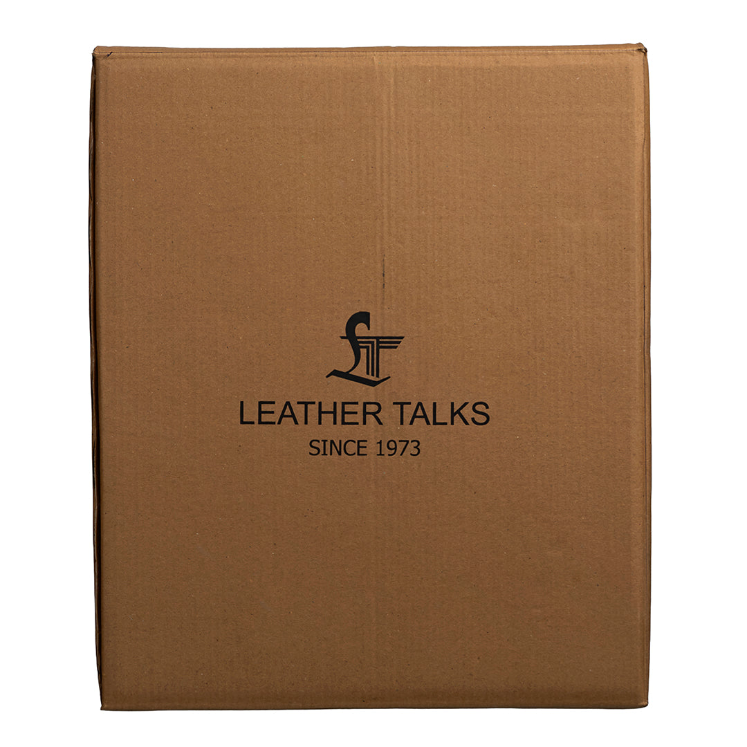 Front view of Leather Talks brown cardboard packaging box with black printed logo and “Since 1973” tagline.