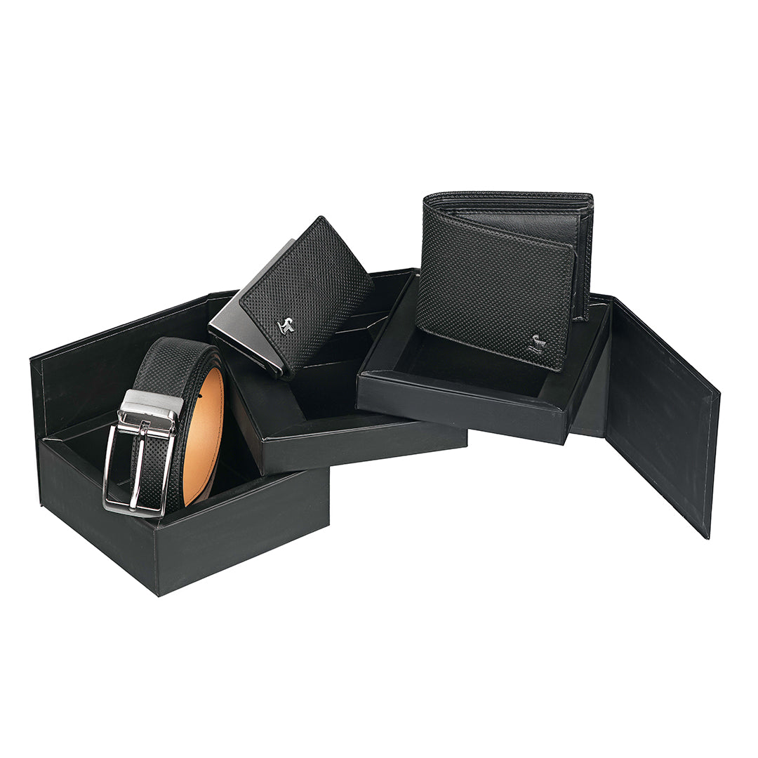 Set of III Gift Set Men's Belt, Wallet & Card Case - Premium Leather Accessories | Color- Black Leather Talks