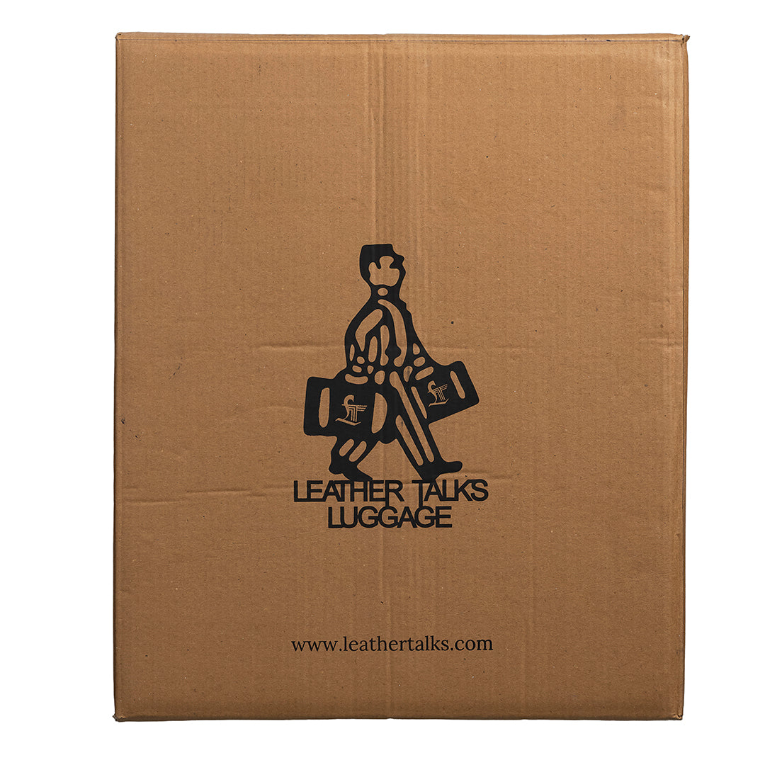 Back view of Leather Talks Luggage packaging box featuring an illustrated man carrying two bags, brand name, and website URL.