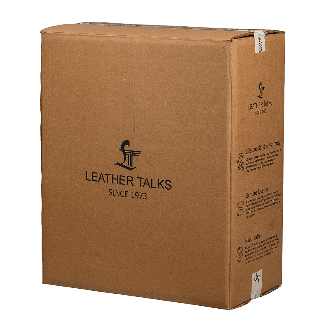 Angled view of Leather Talks packaging box highlighting brand logo and side-printed service icons including Lifetime Service Warranty, Genuine Leather, and Handcrafted.