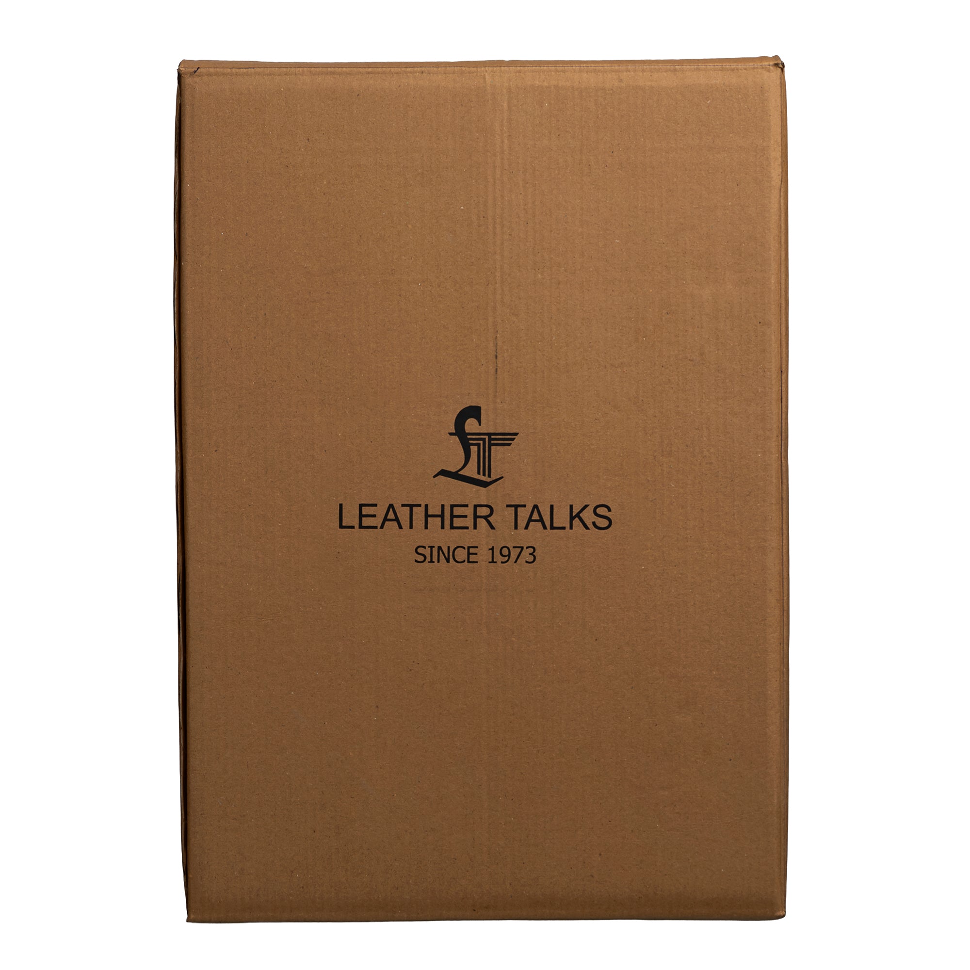 Front view of Leather Talks brown cardboard packaging box with black printed logo and “Since 1973” tagline.