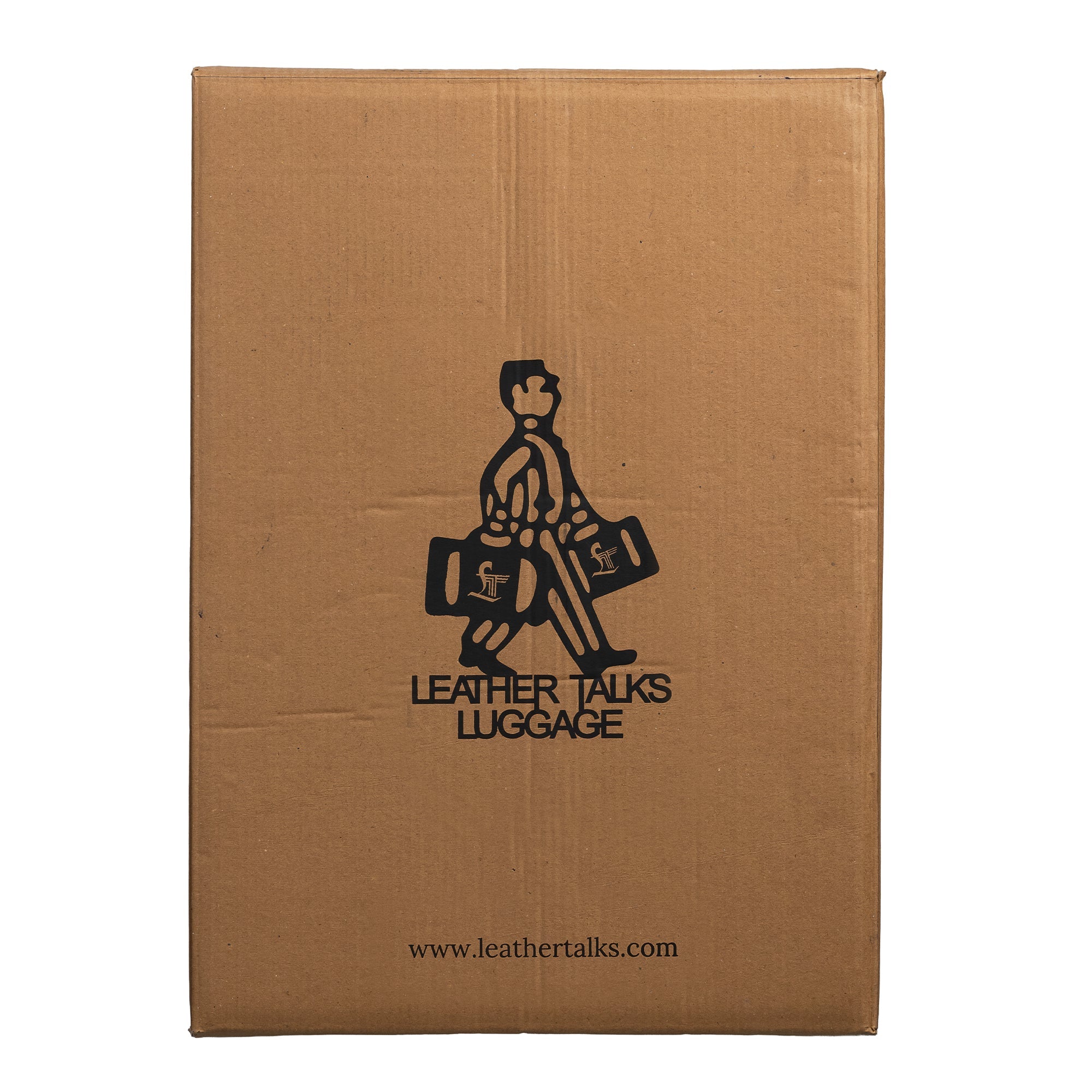 Back view of Leather Talks Luggage packaging box featuring an illustrated man carrying two bags, brand name, and website URL.