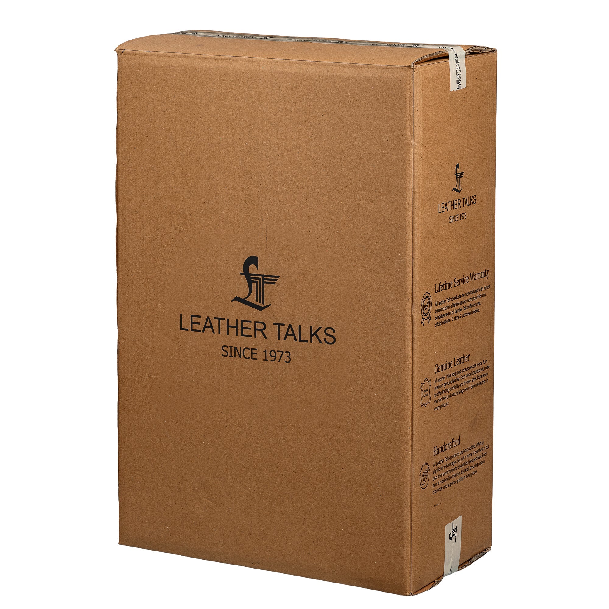 Angled view of Leather Talks packaging box highlighting brand logo and side-printed service icons including Lifetime Service Warranty, Genuine Leather, and Handcrafted.