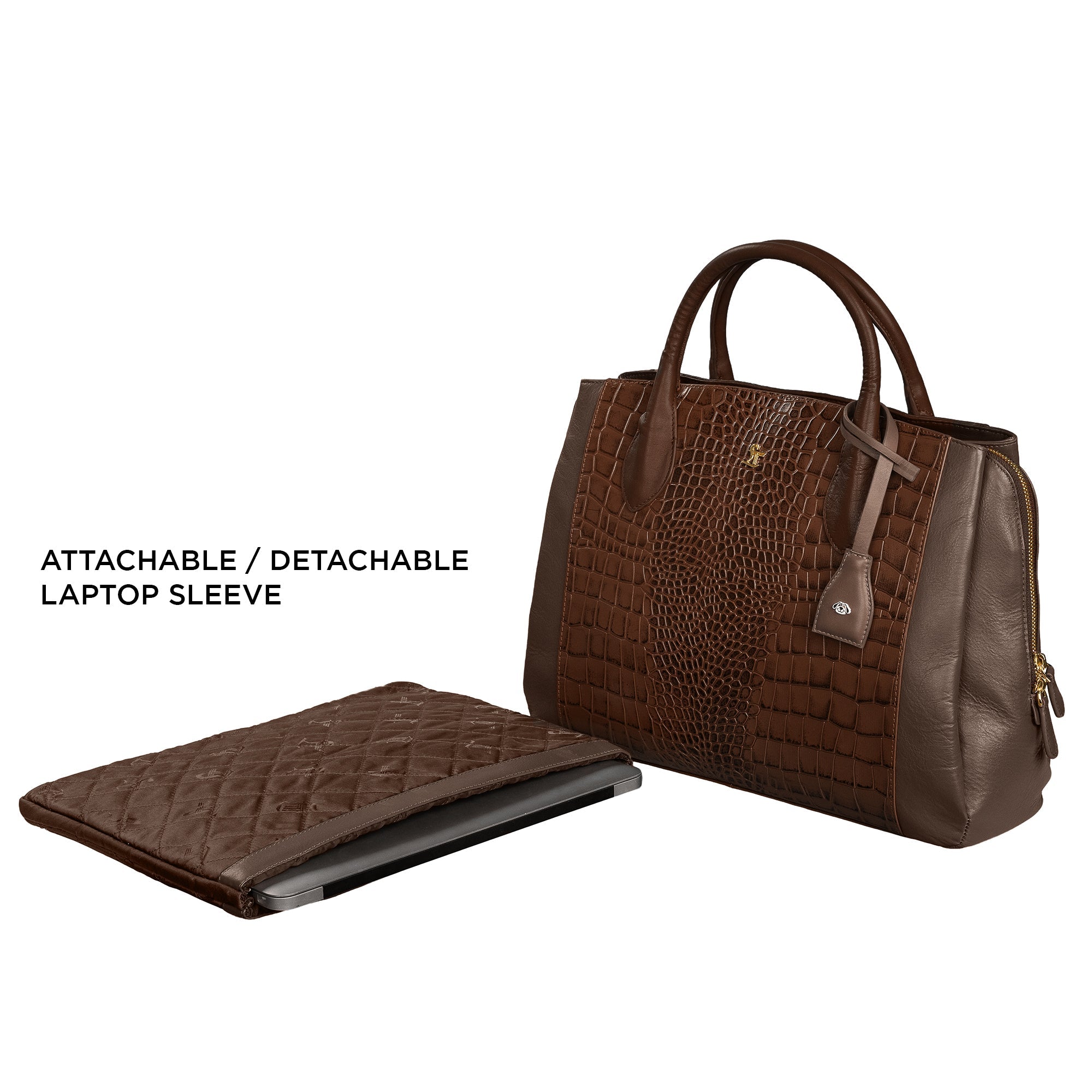 Clara Sr. Leather Laptop Carry Bag | Large Croco Embossed Tote Bag for Women | Genuine Leather Shoulder Bag for Office, Travel & Everyday Use |Color: Brown, Black, Blue, Pink, Beige Leather Talks