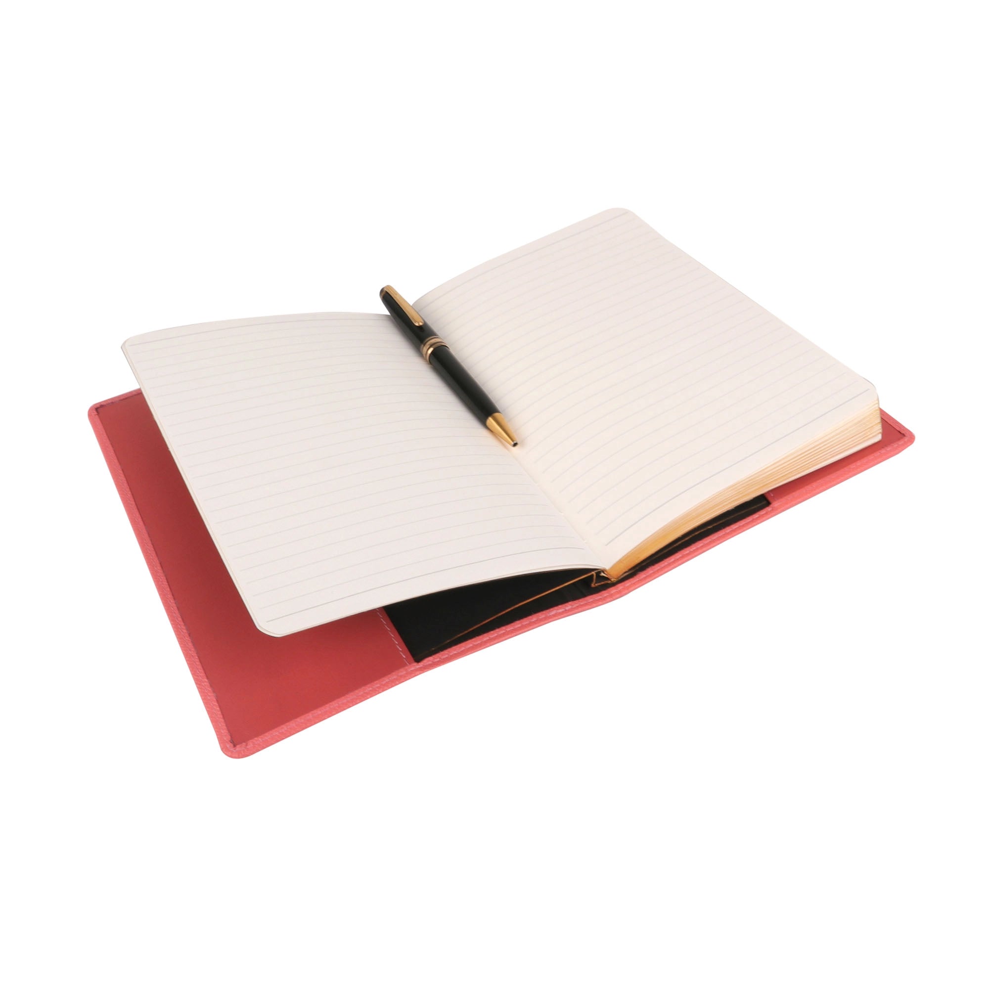 Leather notebook with ruled pages and pen placed on open spread