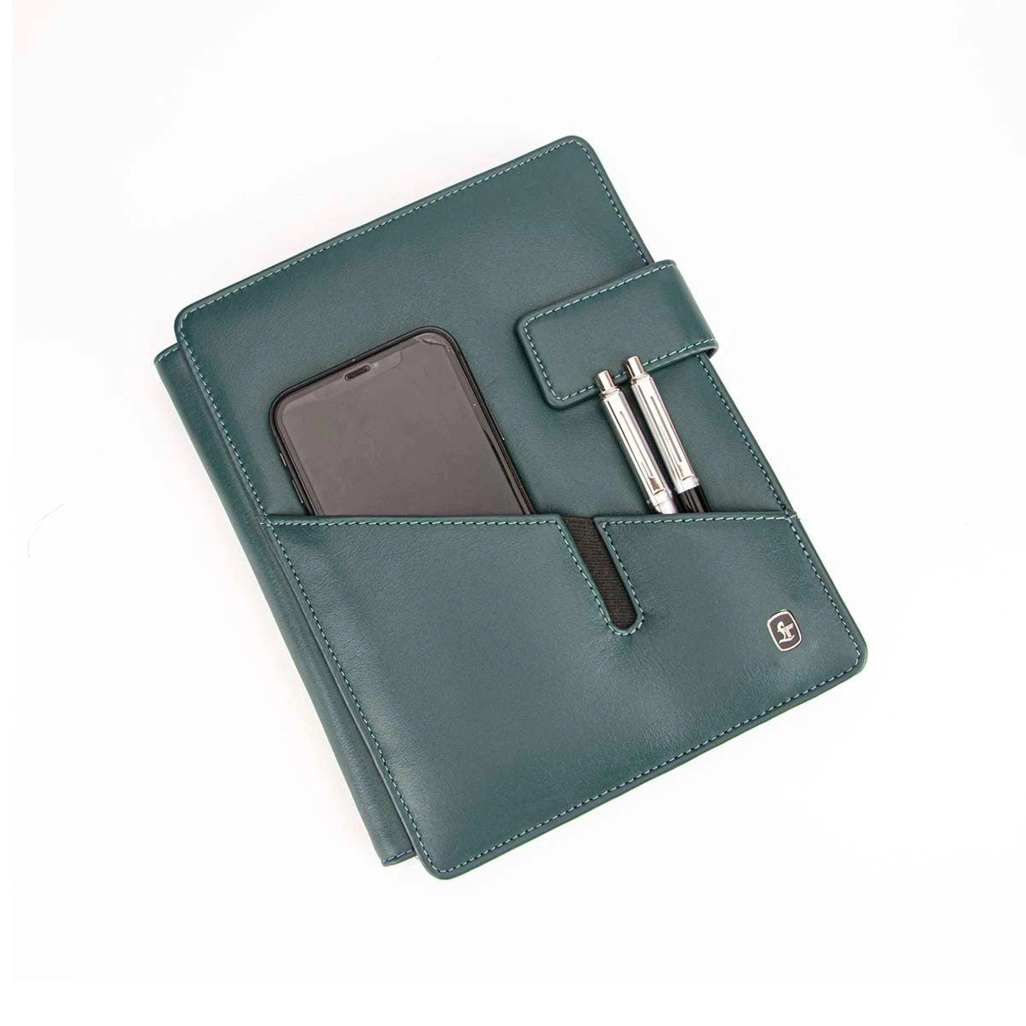 Leather notebook master refill options with personalized name and logo branding feature.