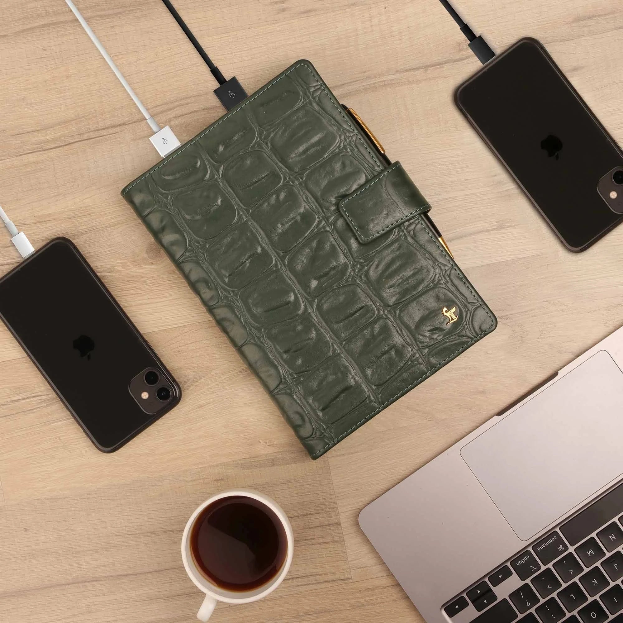 LT Smart Leather Notebook with Power Bank (5000 mAh) | Diary with Power Bank | Color: Green LeatherTalks