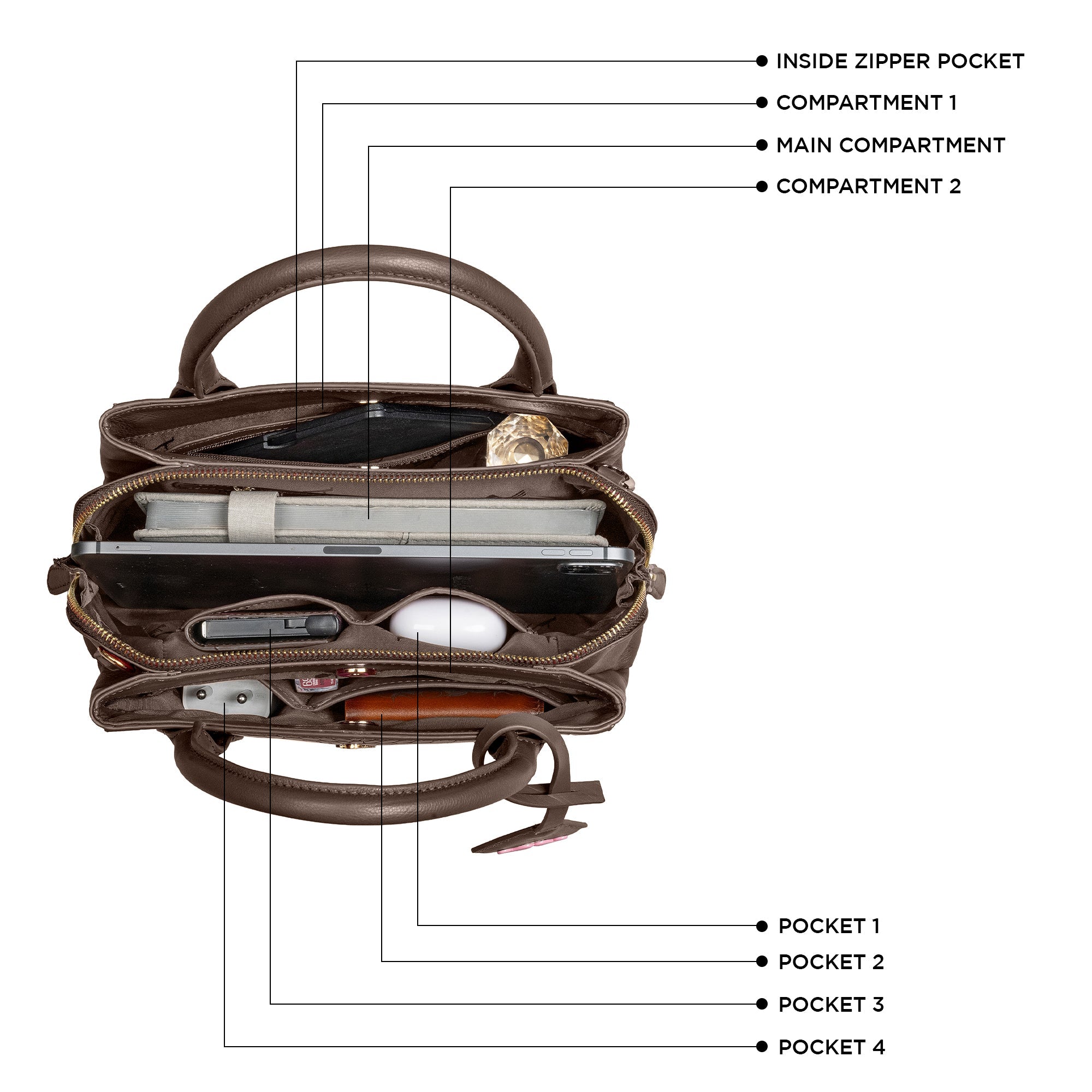 Clara Jr. Leather Brown Handbag for Women | Top View