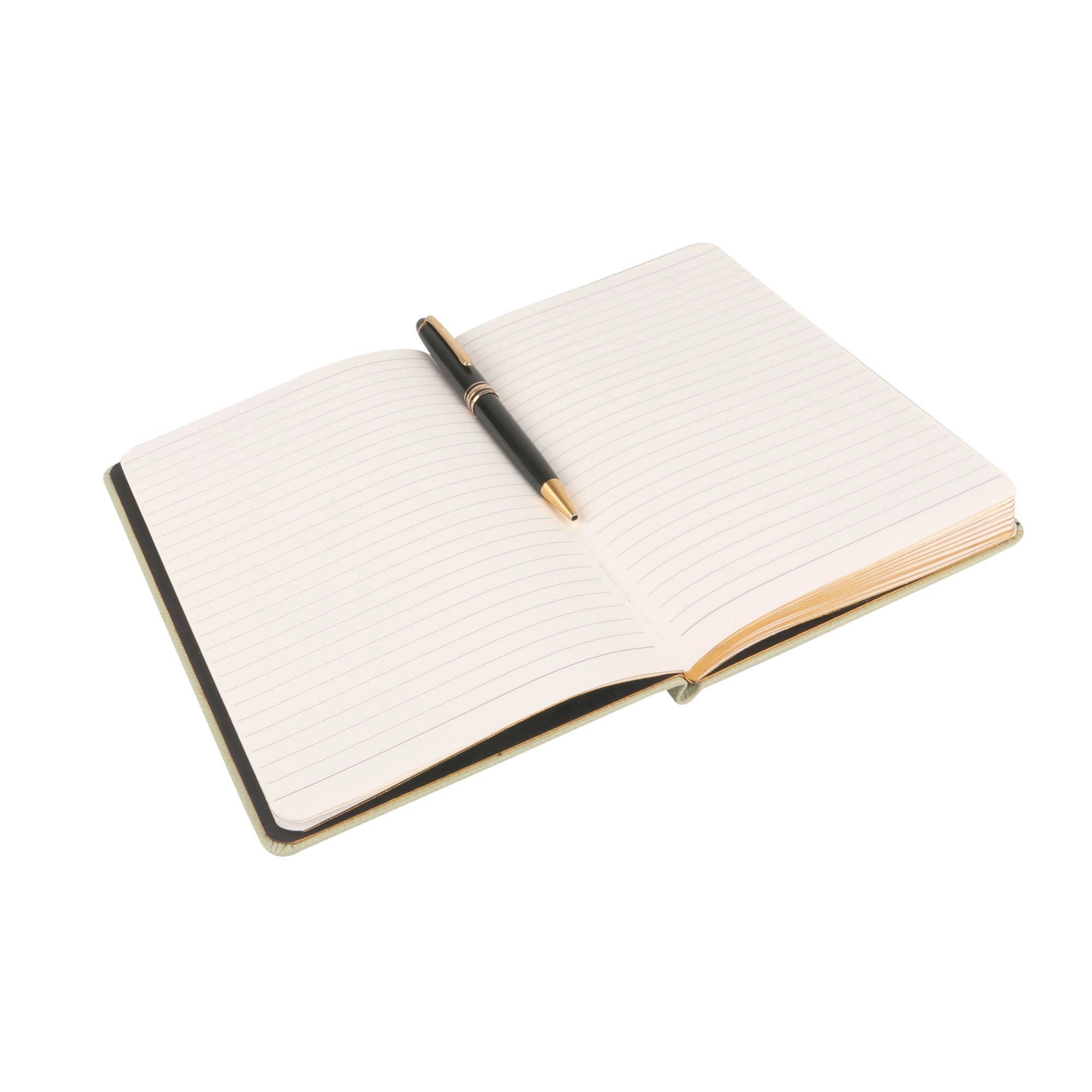 Leather notebook with ruled pages and pen placed on open spread