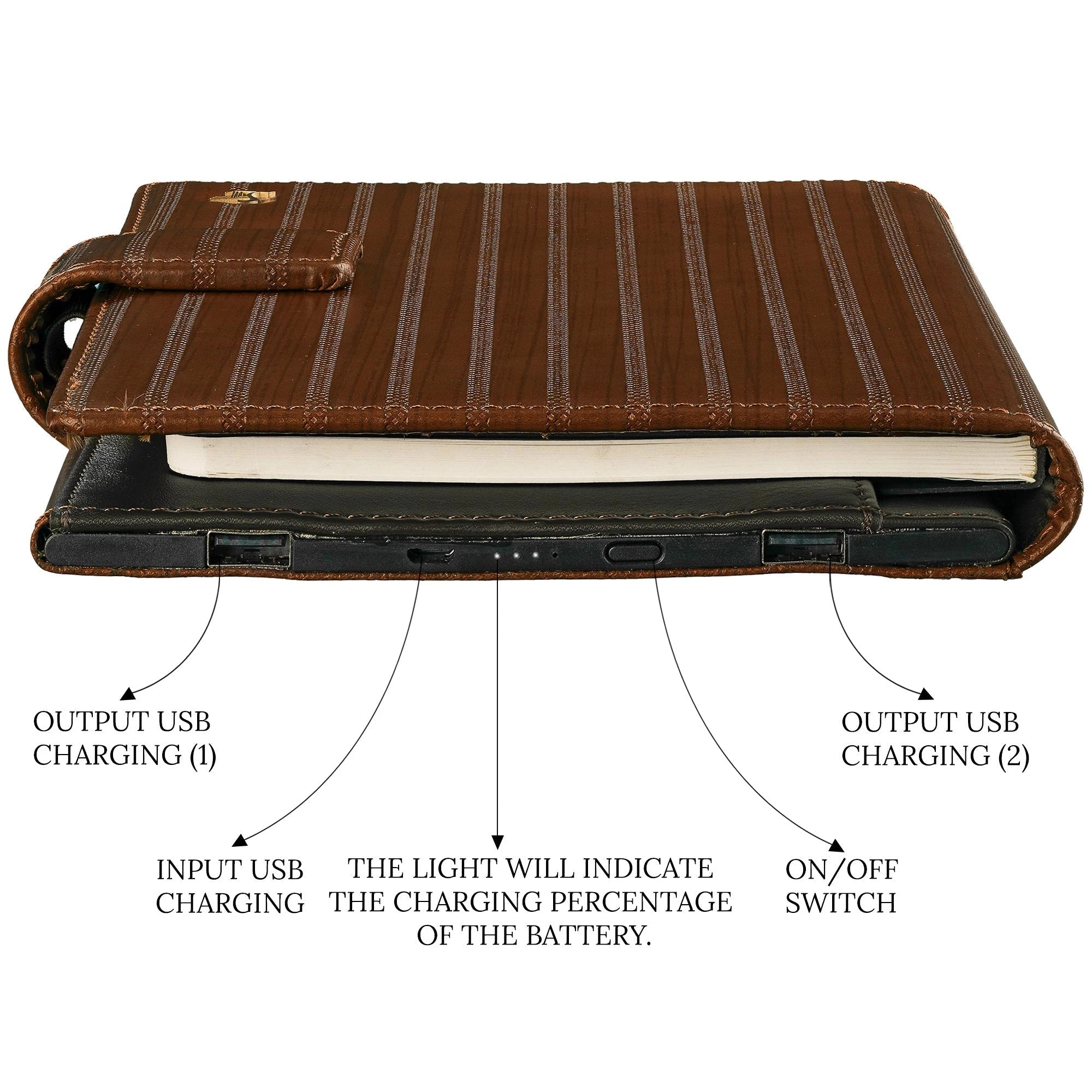 LT Smart Leather Notebook with Power Bank (5000 mAh) | Diary with Power Bank | Color: Italian VT Stripe Brown LeatherTalks