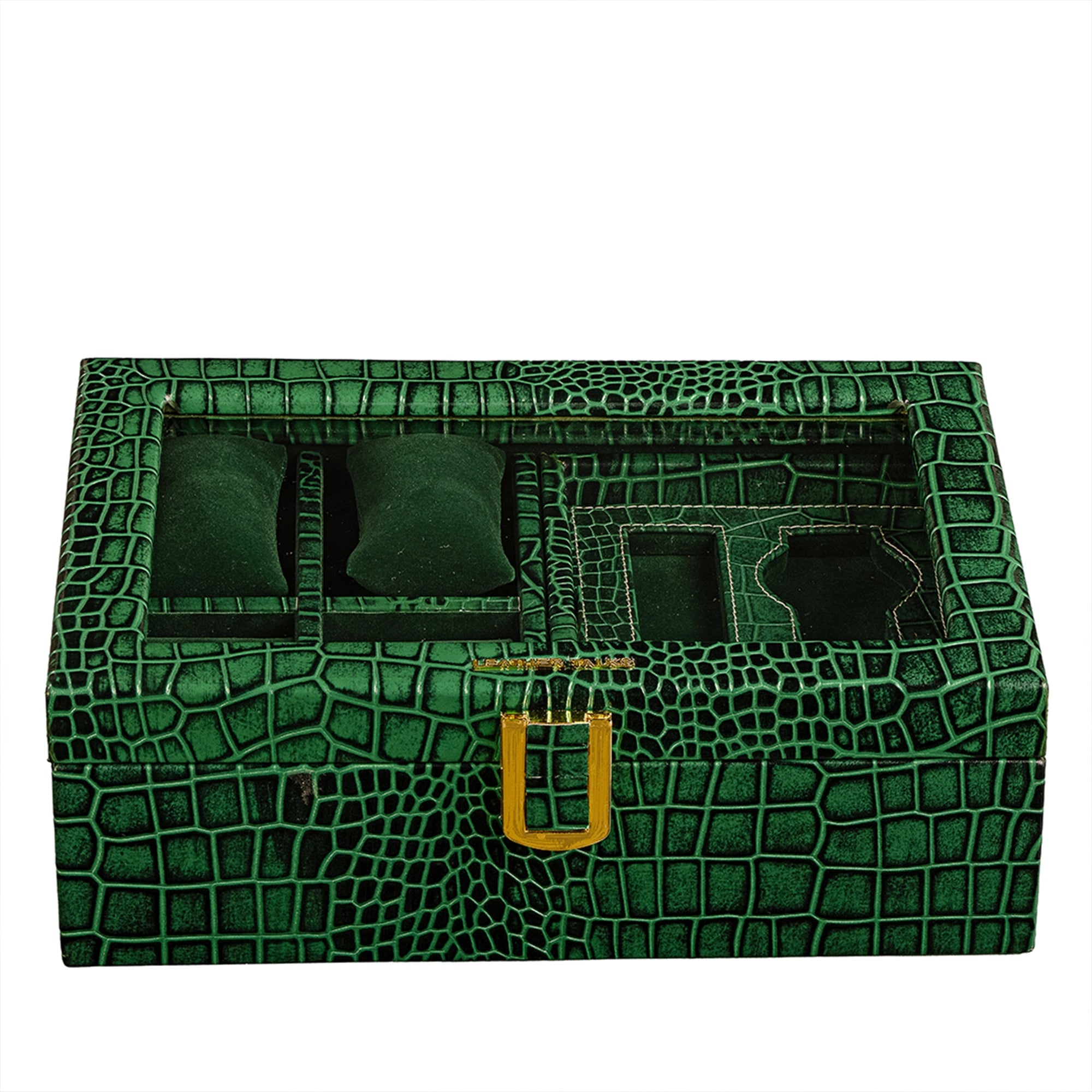Galio Leather Watch Box For Men | Genuine Leather Watch Box for Men | Can Hold 6 Watches | Acrylic Top | Color: Croco Green Leather Talks