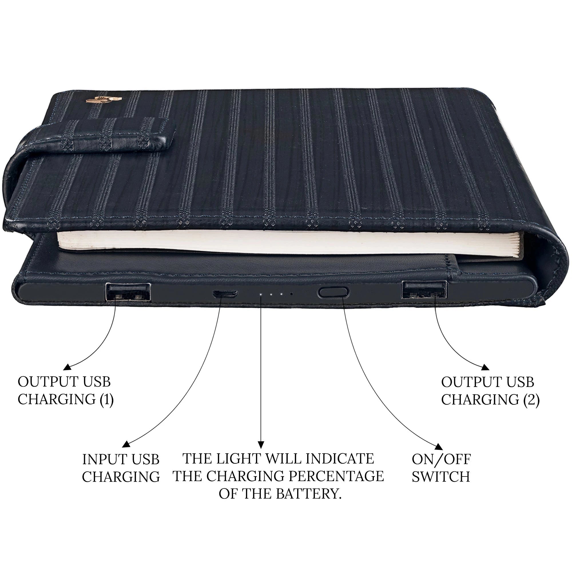 LT Smart Leather Notebook with Power Bank (5000 mAh) | Diary with Power Bank | Color: Italian VT Stripe Blue LeatherTalks
