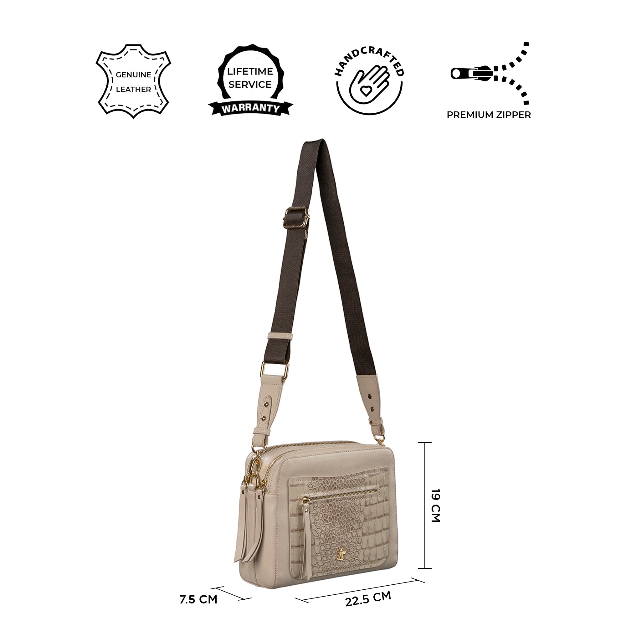 Clara Women’s Genuine Leather Sling Bag | Croco Embossed Crossbody & Travel Purse| Color- Beige Leather Talks
