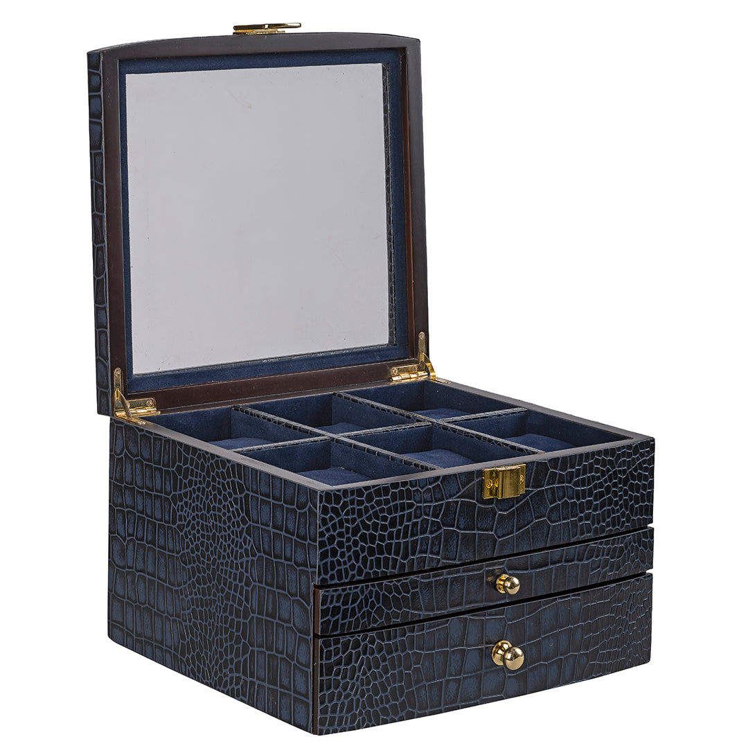 Elegant leather watch box for men with 3-tier design: watches on top, pens in the middle, accessories at the bottom.
