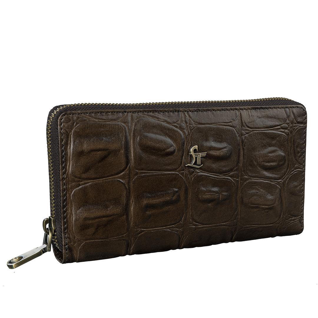 Palm II | Croco Tail Leather Wallet for Women | 100% Genuine Leather | Color: Brown