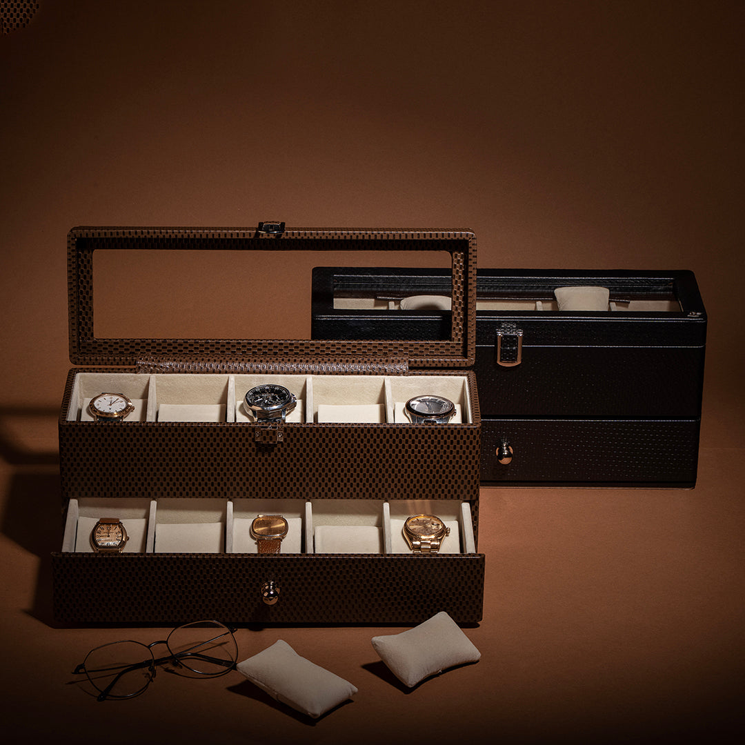 Bronx II Leather Watch Box / Case | 100% Genuine Leather | Can Hold 10 Watches | Acrylic Glass Top | Color: Brick Brown Leather Talks