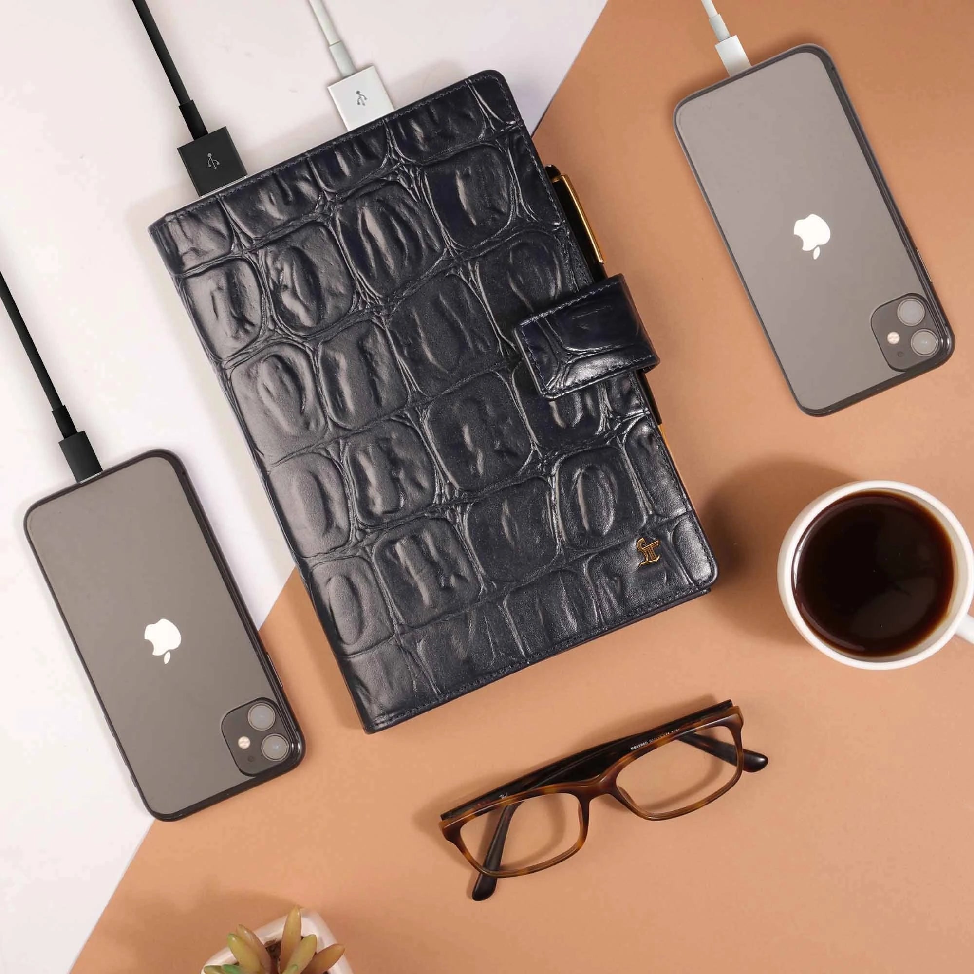 LT Smart Leather Notebook with Power Bank (5000 mAh) | Diary with Power Bank | Color: Crocotail Blue LeatherTalks