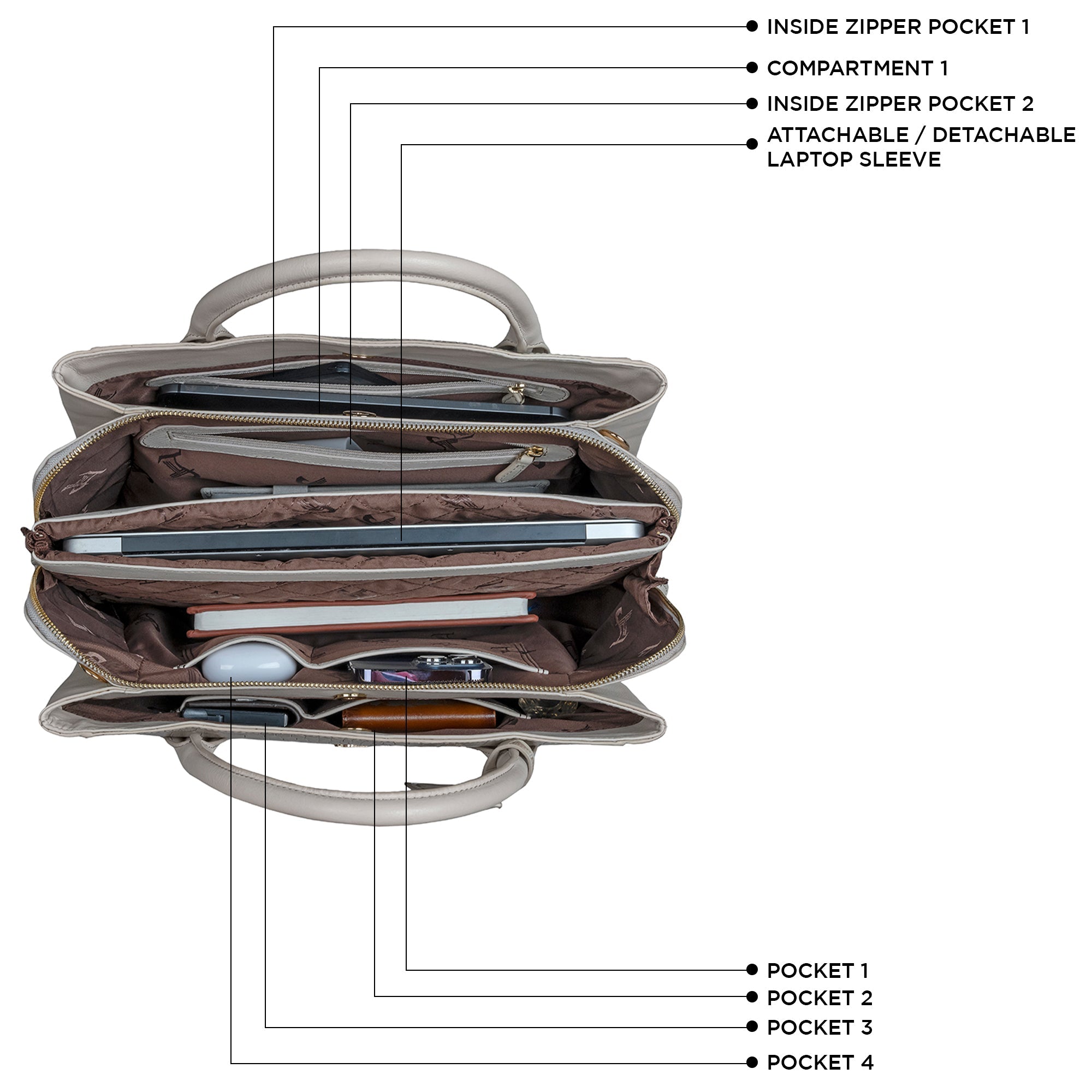 Clara Sr. Beige Colored Leather Handbag for Women | Inside View