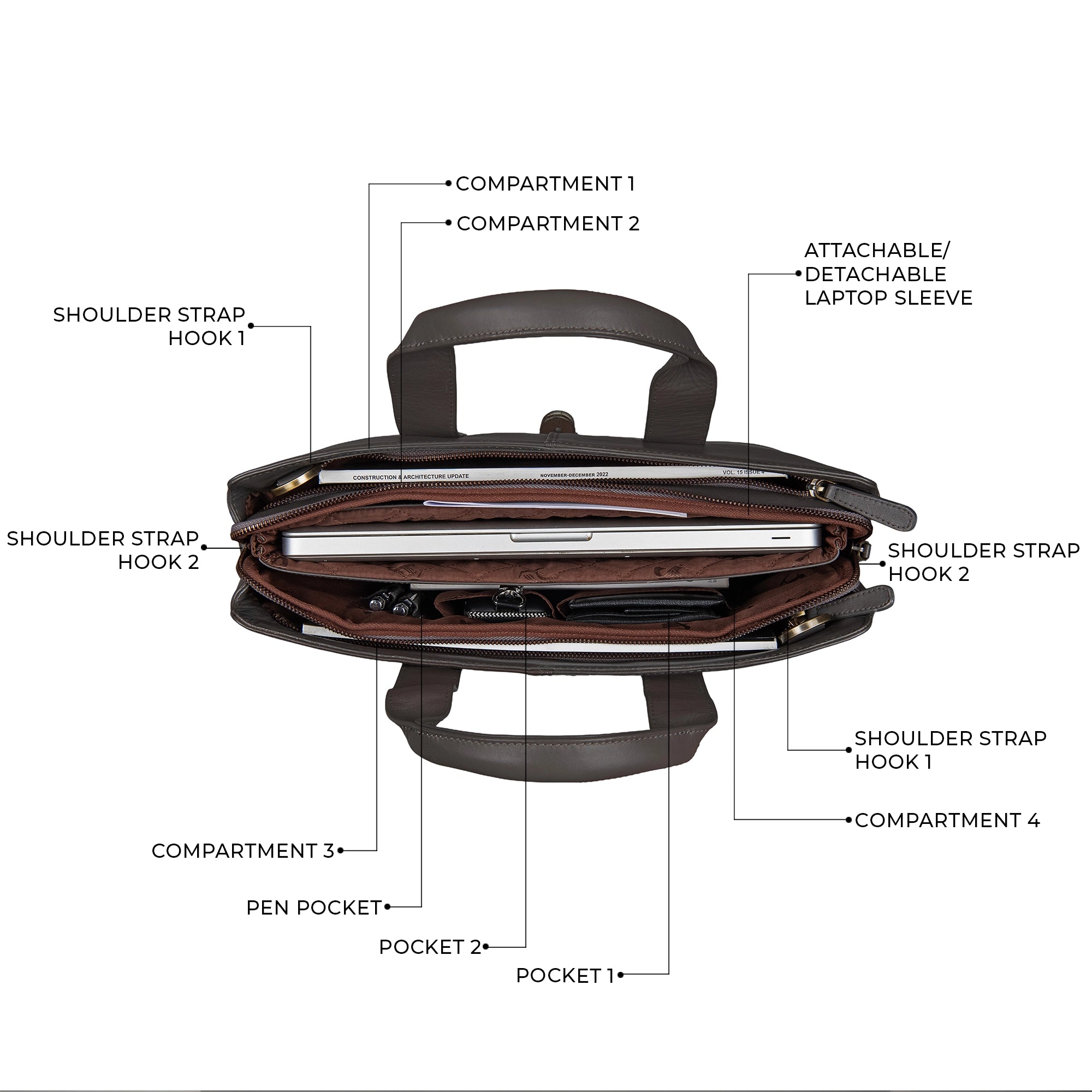 Georgia Collection | Genuine Leather Laptop / Office Bag For Men | Fits 15.5 in" Laptop | Colour: Steel grey