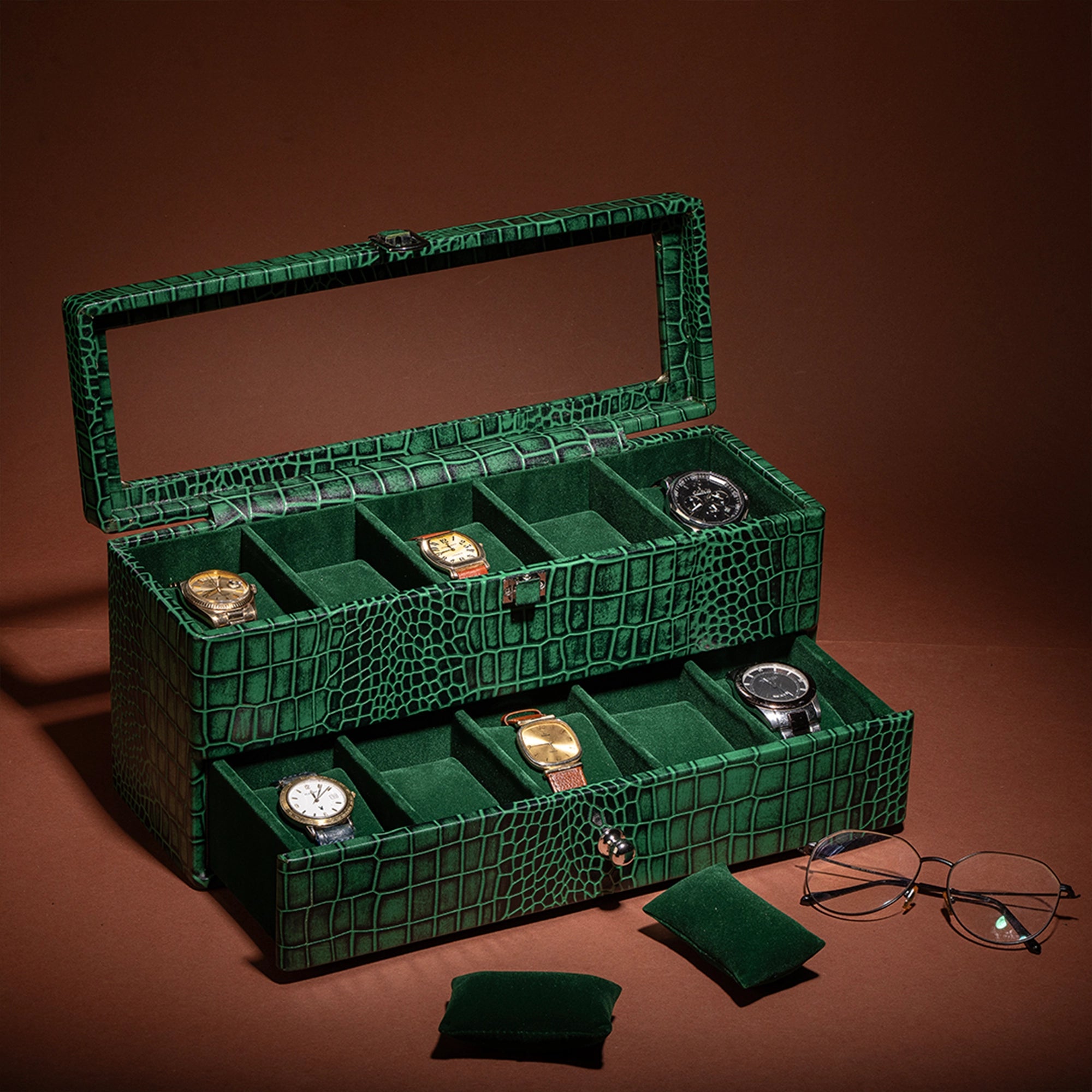 Bronx II Leather Watch Box / Case | 100% Genuine Leather | Can Hold 10 Watches | Acrylic Glass Top | Color: Croco Green Leather Talks