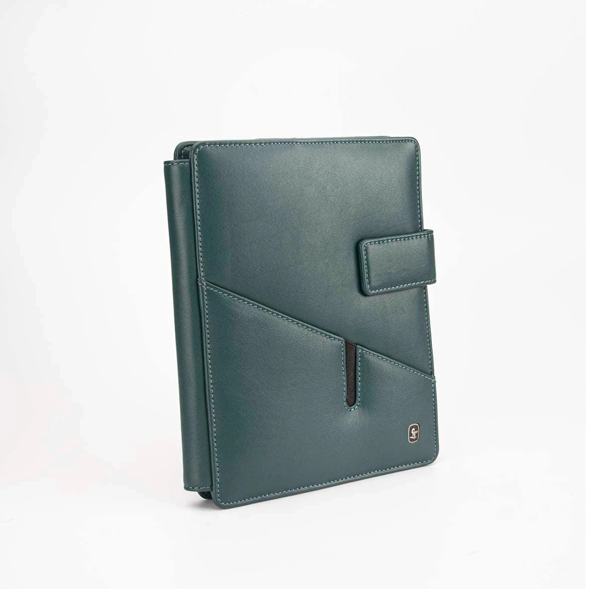 Luxury leather notebook side view displaying smooth edges, premium construction, and slim silhouette.
