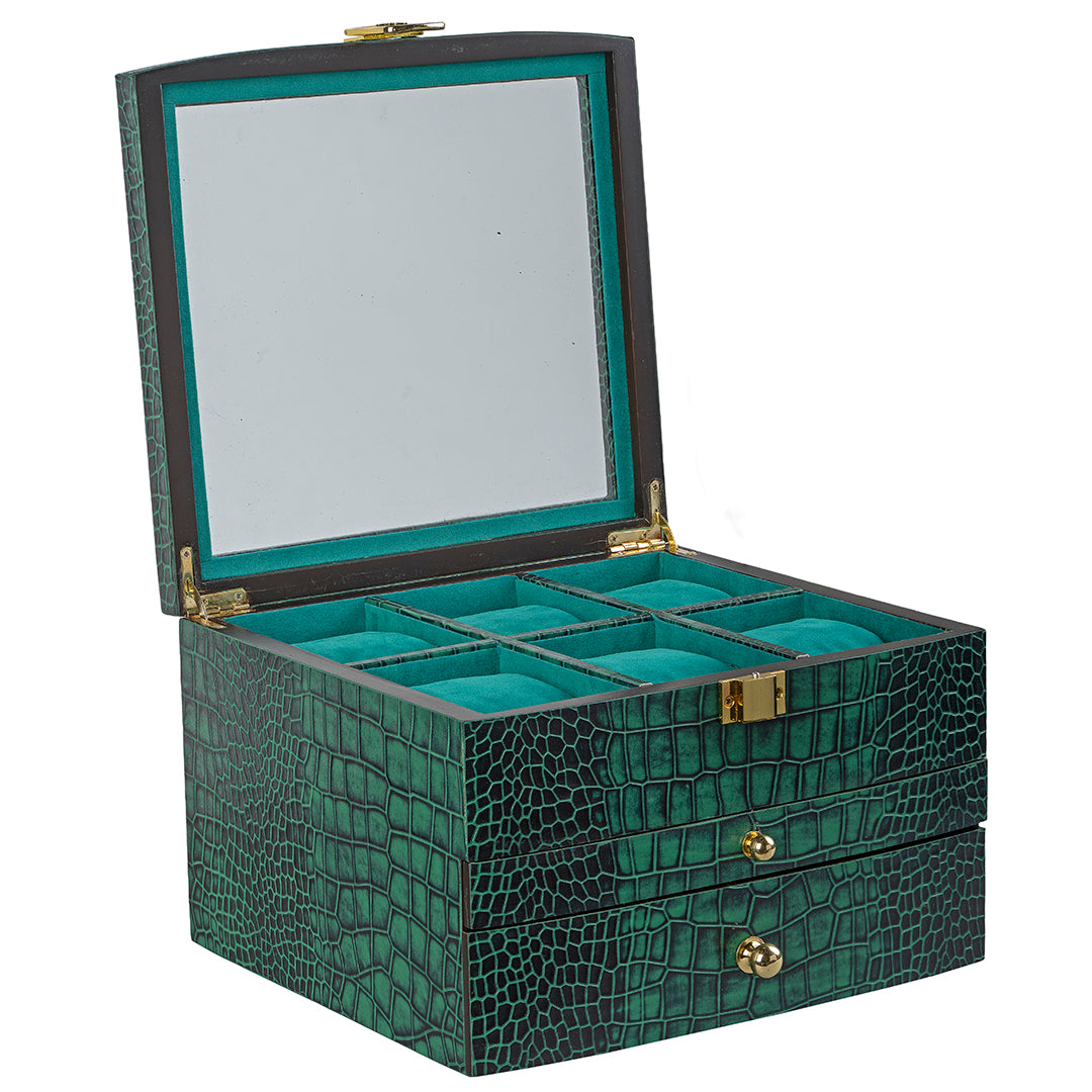 Triple-compartment men’s watch and accessory organizer with velvet-lined slots for watches, pens, and wallet.