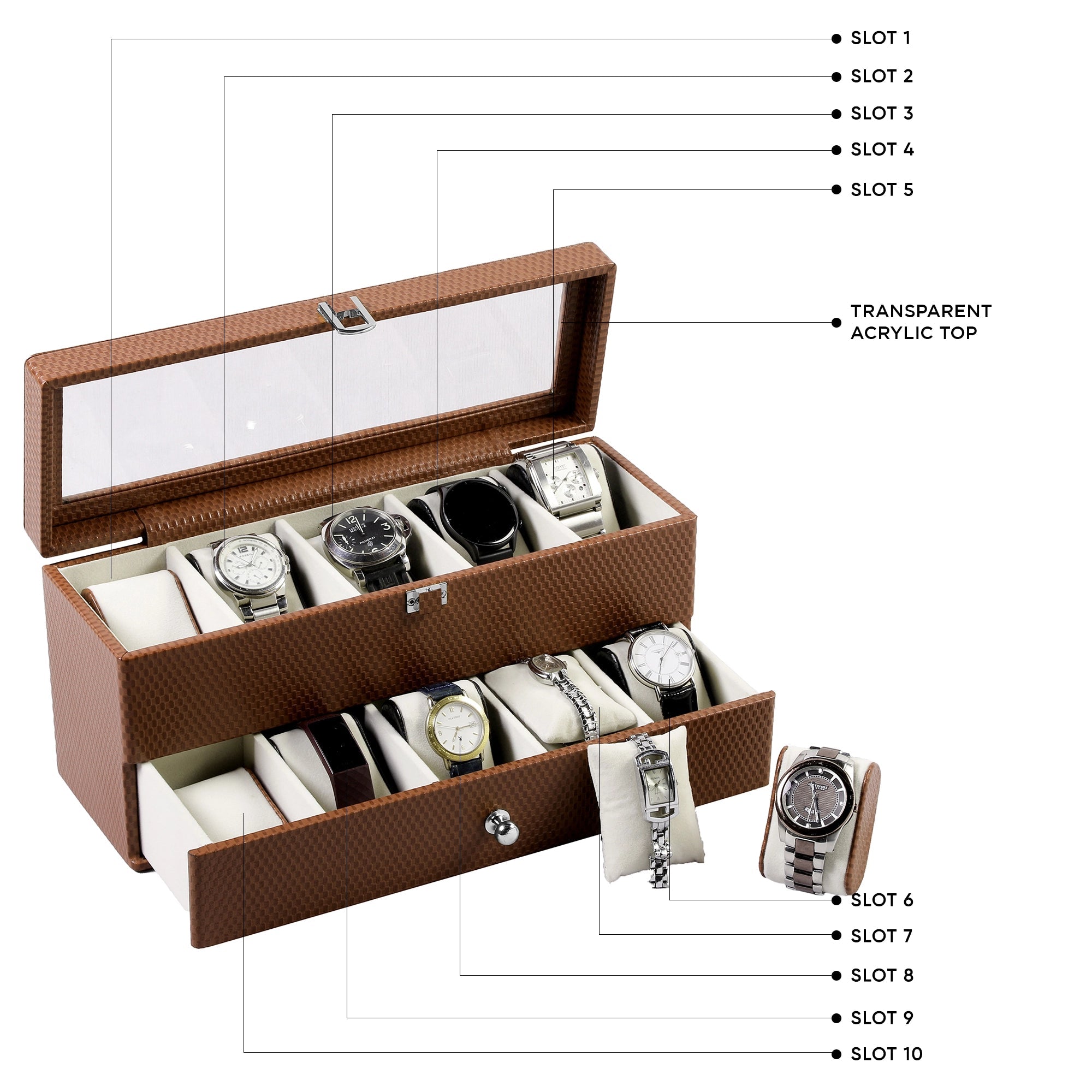 Bronx II Watch Box 10 | Luxury Genuine Leather Watch Box for Men | 10 Slot Watch Organizer with Drawer | Premium Watch Storage Case | Color: Brick Brown Leather Talks