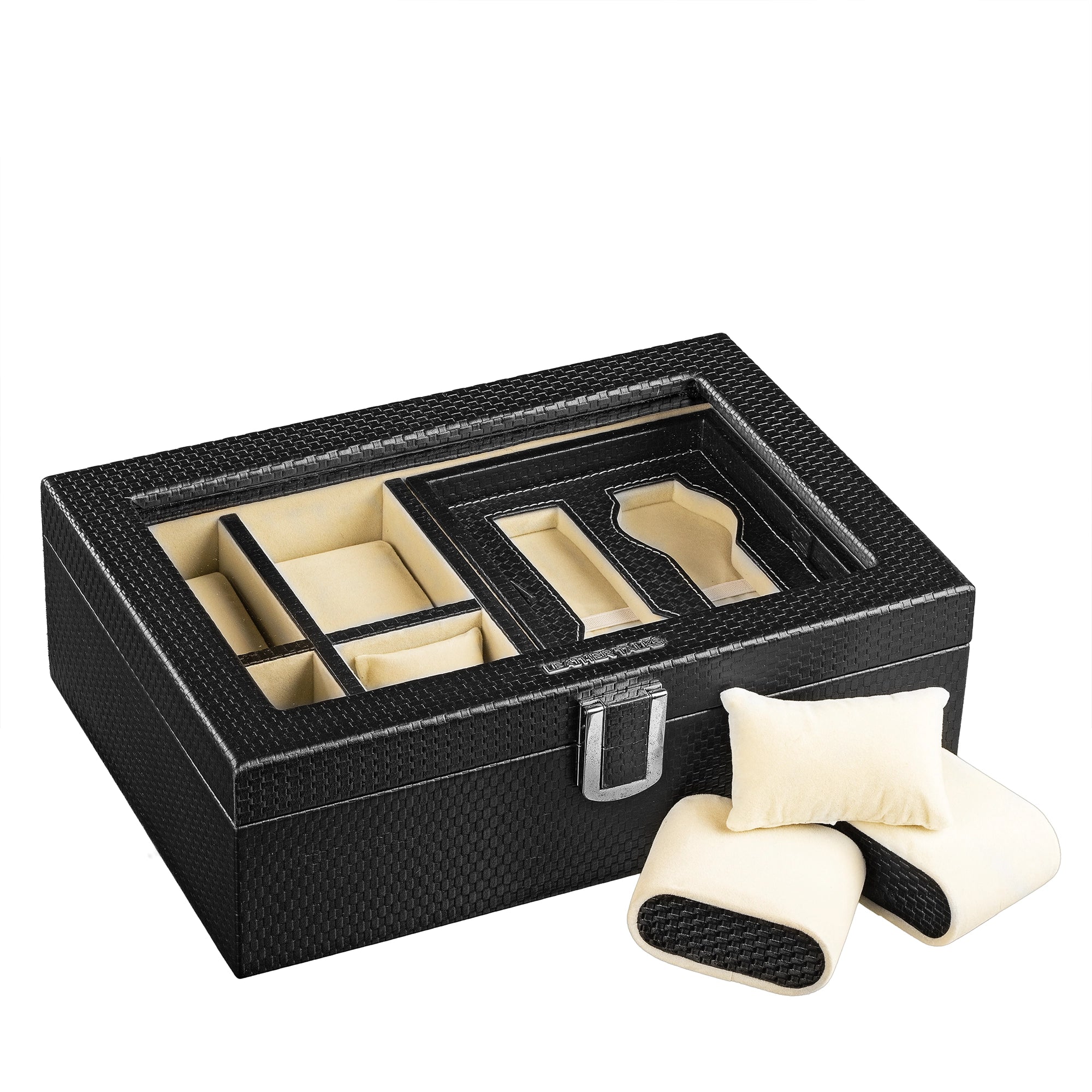 Galio Leather Watch Box / Case | Genuine Leather Watch Box for Men | Can Hold 8 Watches | Acrylic Glass Top | Color: Brick Black Leather Talks