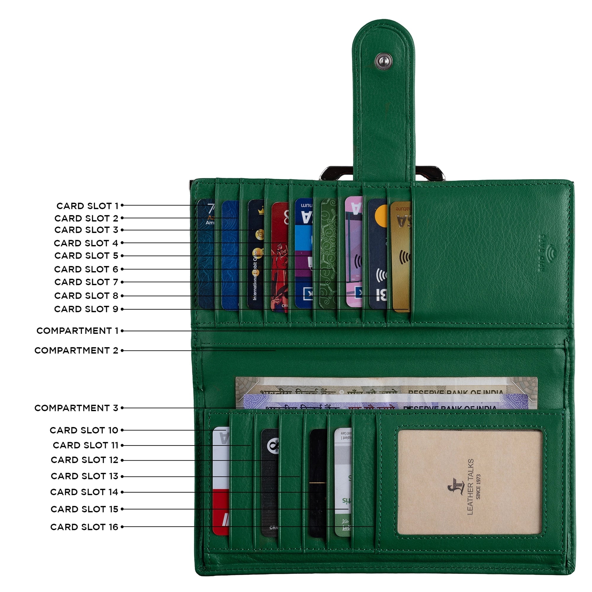 Clara 2 Ladies Wallet | Premium Leather Women’s Wallet | Elegant Daily Essentials Organizer | Colour: Green Leather Talks