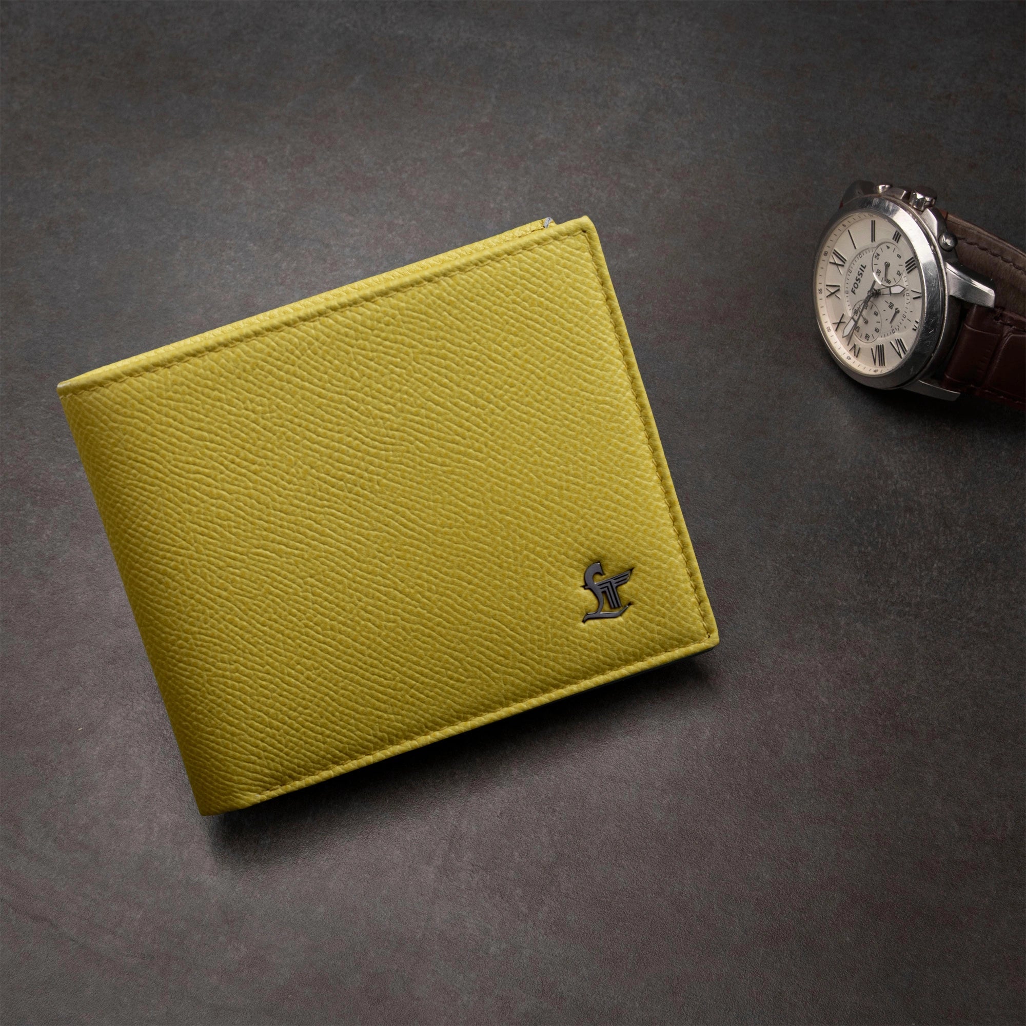 Premium genuine leather men’s bi-fold wallet front view with LT metal logo