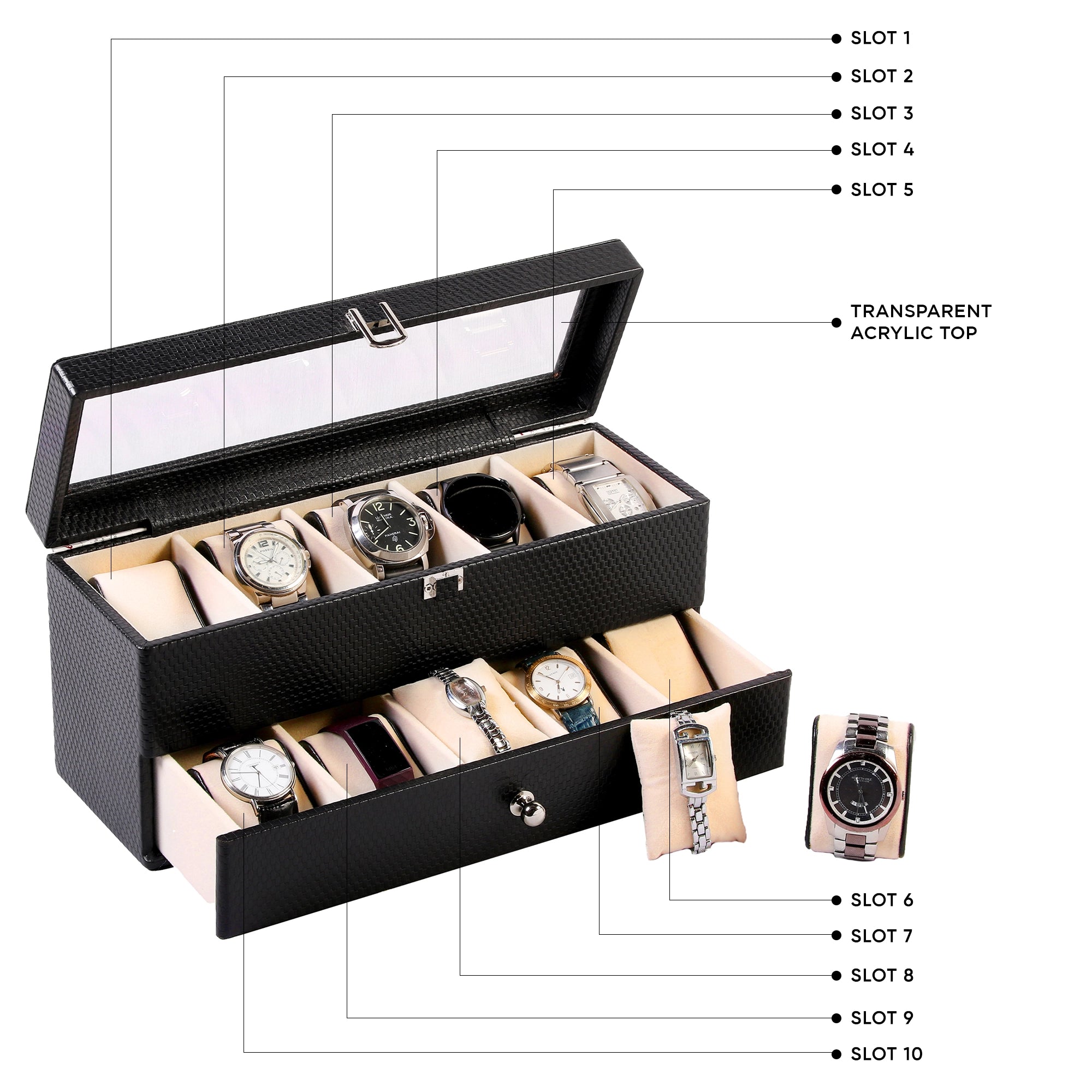 Bronx II Leather Watch Box / Case | 100% Genuine Leather | Can Hold 10 Watches | Acrylic Glass Top | Color: Brick Black Leather Talks