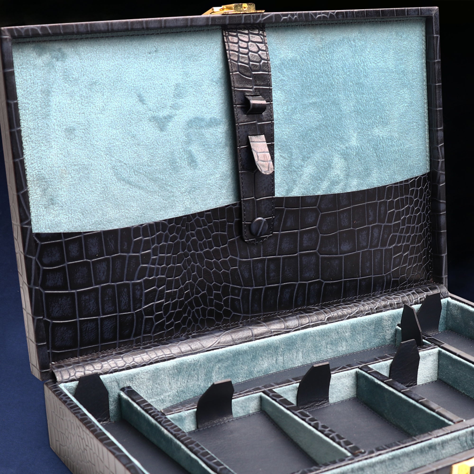Leather Poker Box | Croco Embossed Genuine Leather | Color: Blue, Brown & Tan Leather Talks
