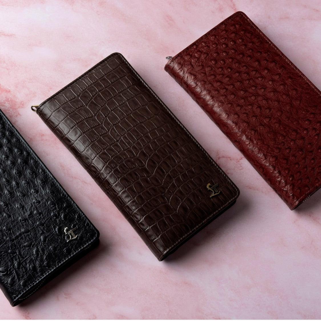 Full Zip Passport Travel Wallet | 100% Pure Leather | Color: Black, Cherry & Brown