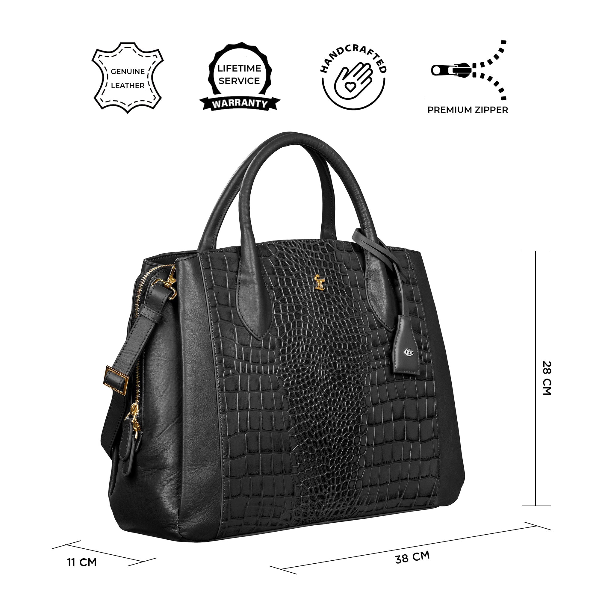 Clara Sr. Black Leather Handbag for Women with Detachable Laptop Sleeve | Large Genuine Leather Handbag | Croco Embossed Shoulder Bag for Office, Travel & Everyday Use Leather Talks