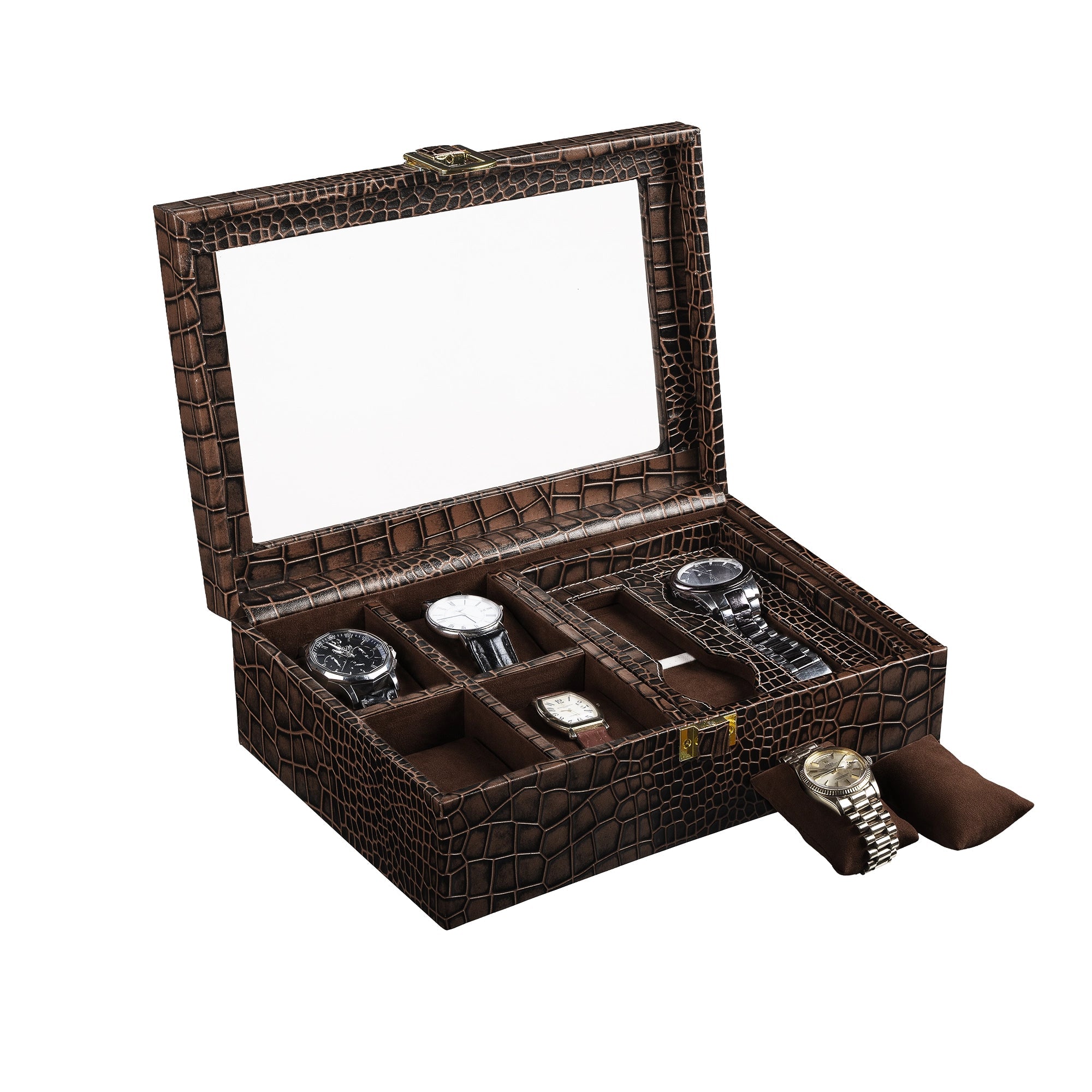 Galio Leather Watch Box For Men | Genuine Leather Watch Box for Men | Can Hold 6 Watches | Acrylic Top | Color: Croco Brown Leather Talks