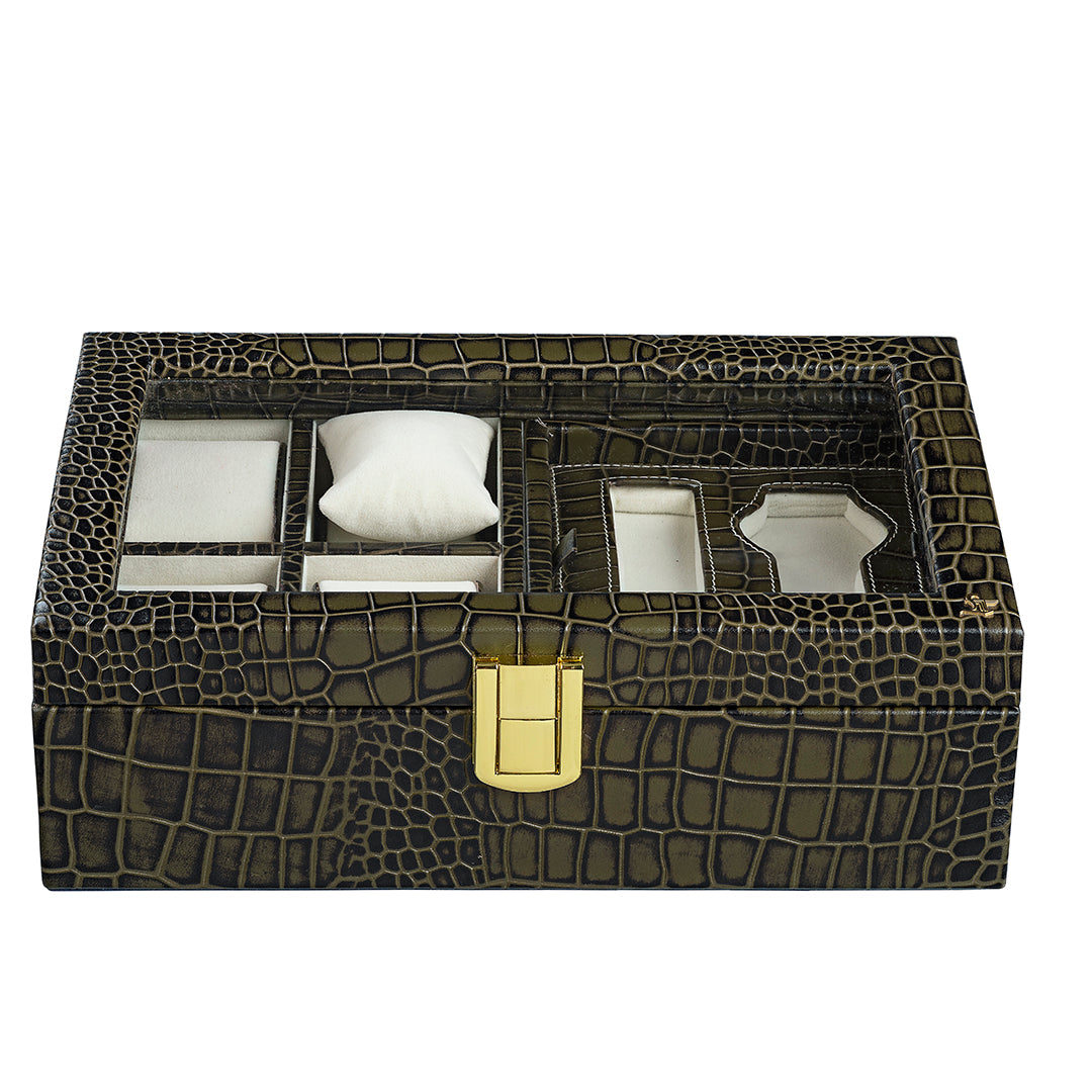 Galio Leather Watch Box For Men | 100% Genuine Leather | Can Hold 6 Watches | Acrylic Top | Color: Green
