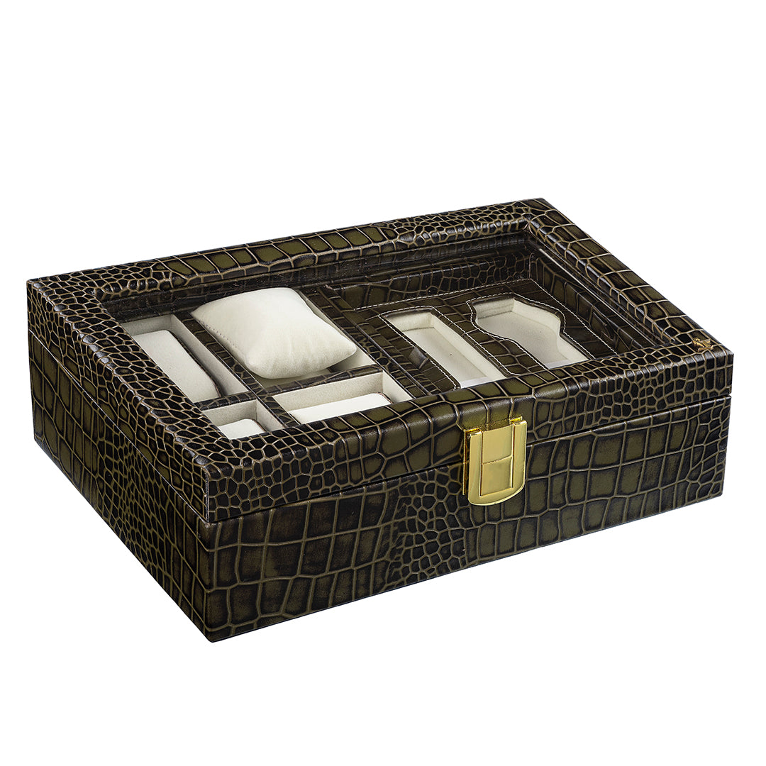Galio Leather Watch Box For Men | 100% Genuine Leather | Can Hold 6 Watches | Acrylic Top | Color: Green