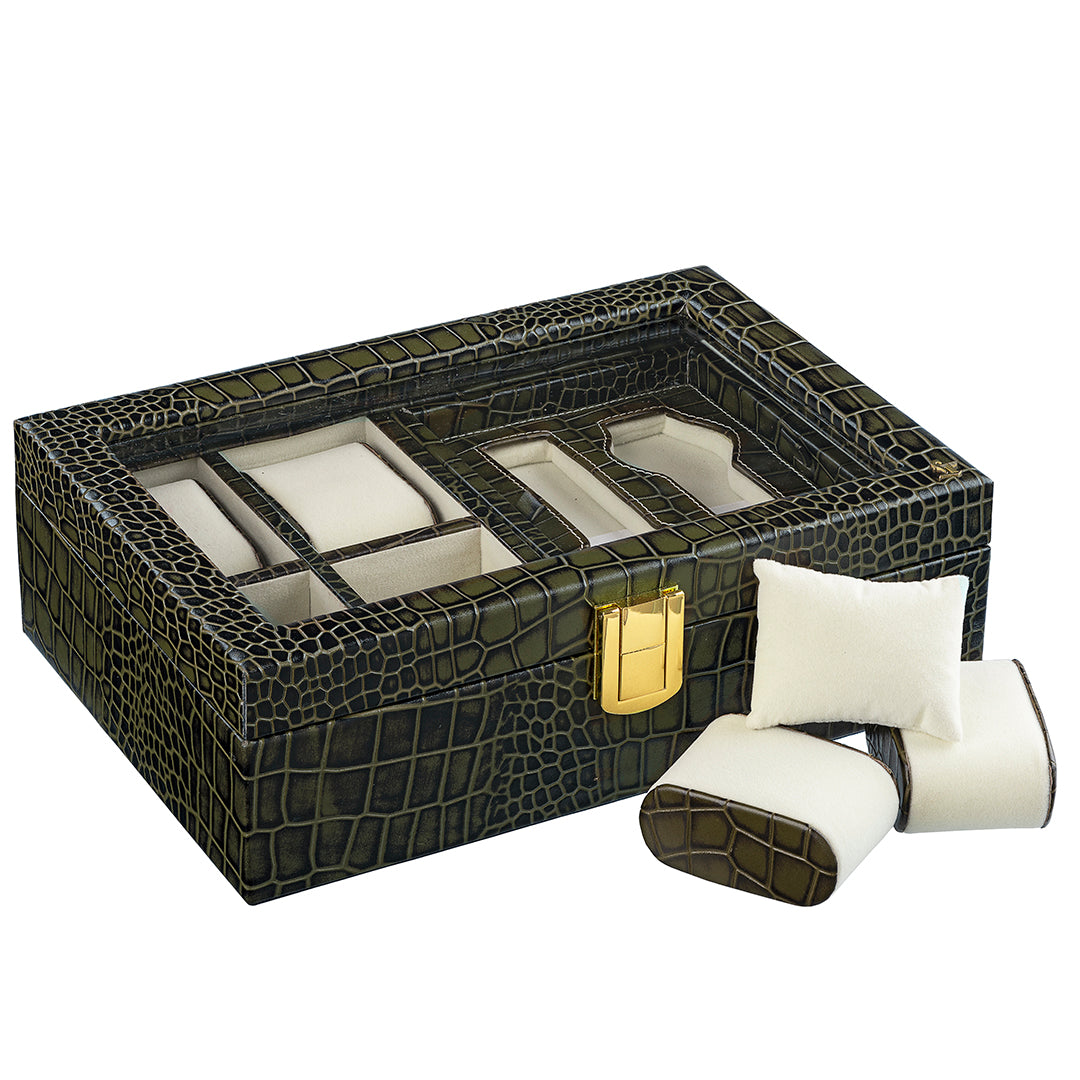 Galio Leather Watch Box For Men | 100% Genuine Leather | Can Hold 6 Watches | Acrylic Top | Color: Green