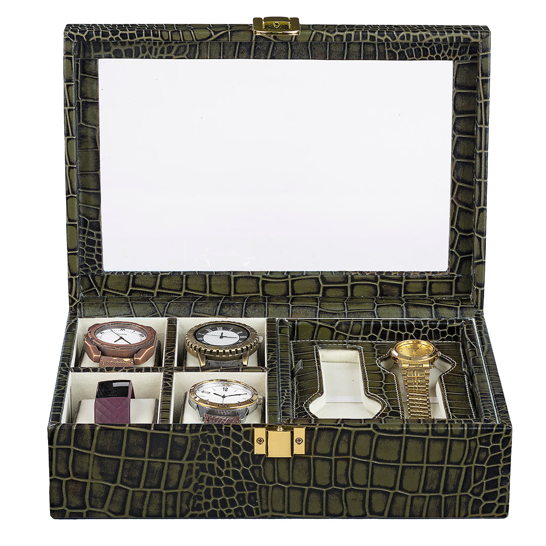 Galio Leather Watch Box For Men | 100% Genuine Leather | Can Hold 6 Watches | Acrylic Top | Color: Green
