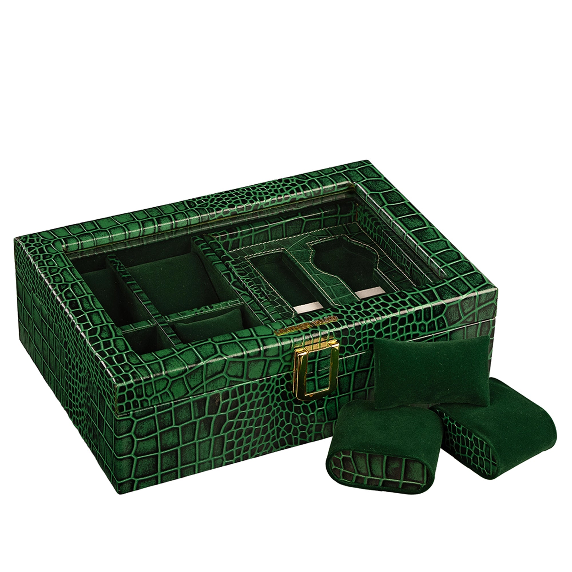 Galio Leather Watch Box For Men | Genuine Leather Watch Box for Men | Can Hold 6 Watches | Acrylic Top | Color: Croco Green Leather Talks