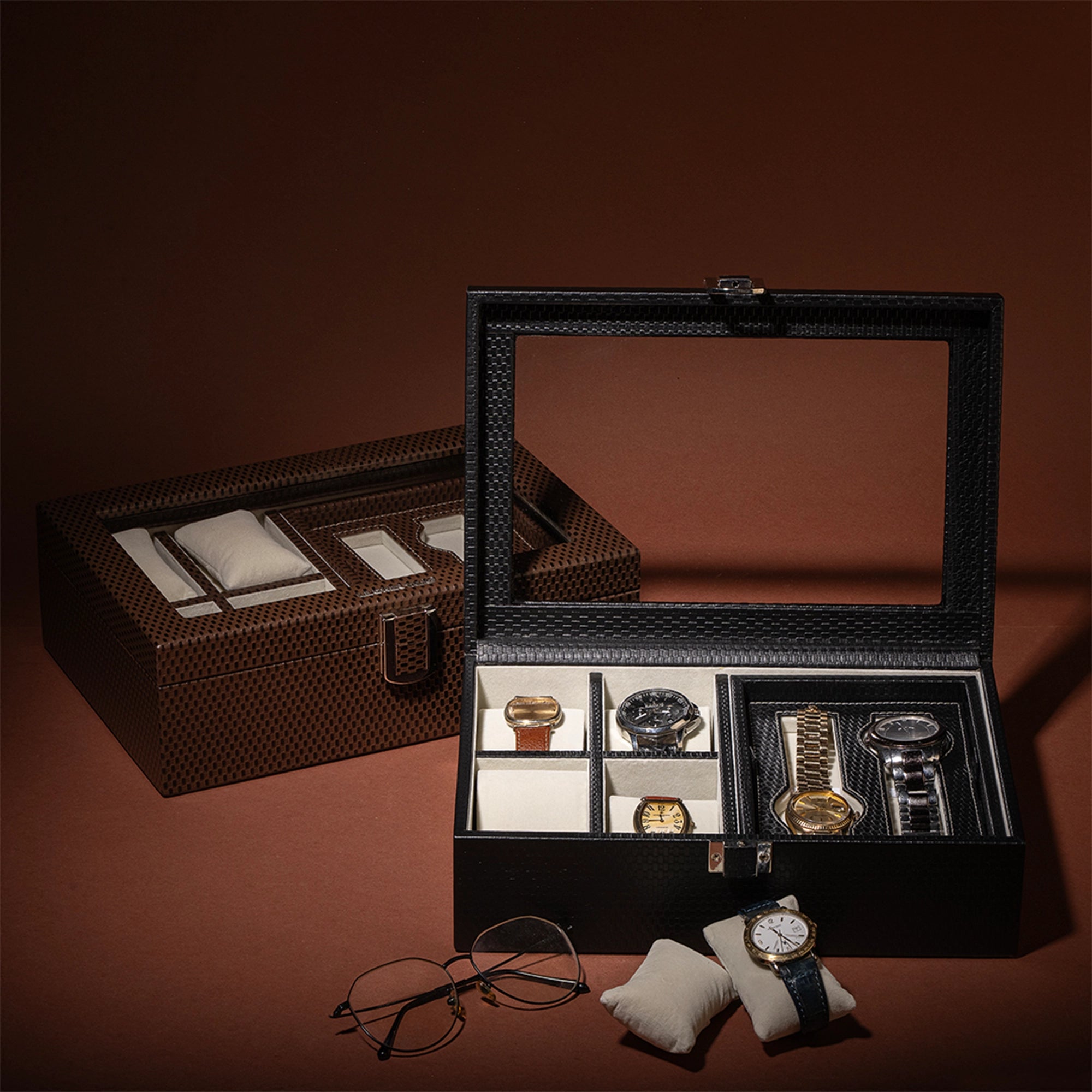 Galio Leather Watch Box / Case | Genuine Leather Watch Box for Men | Can Hold 8 Watches | Acrylic Glass Top | Color: Brick Black Leather Talks