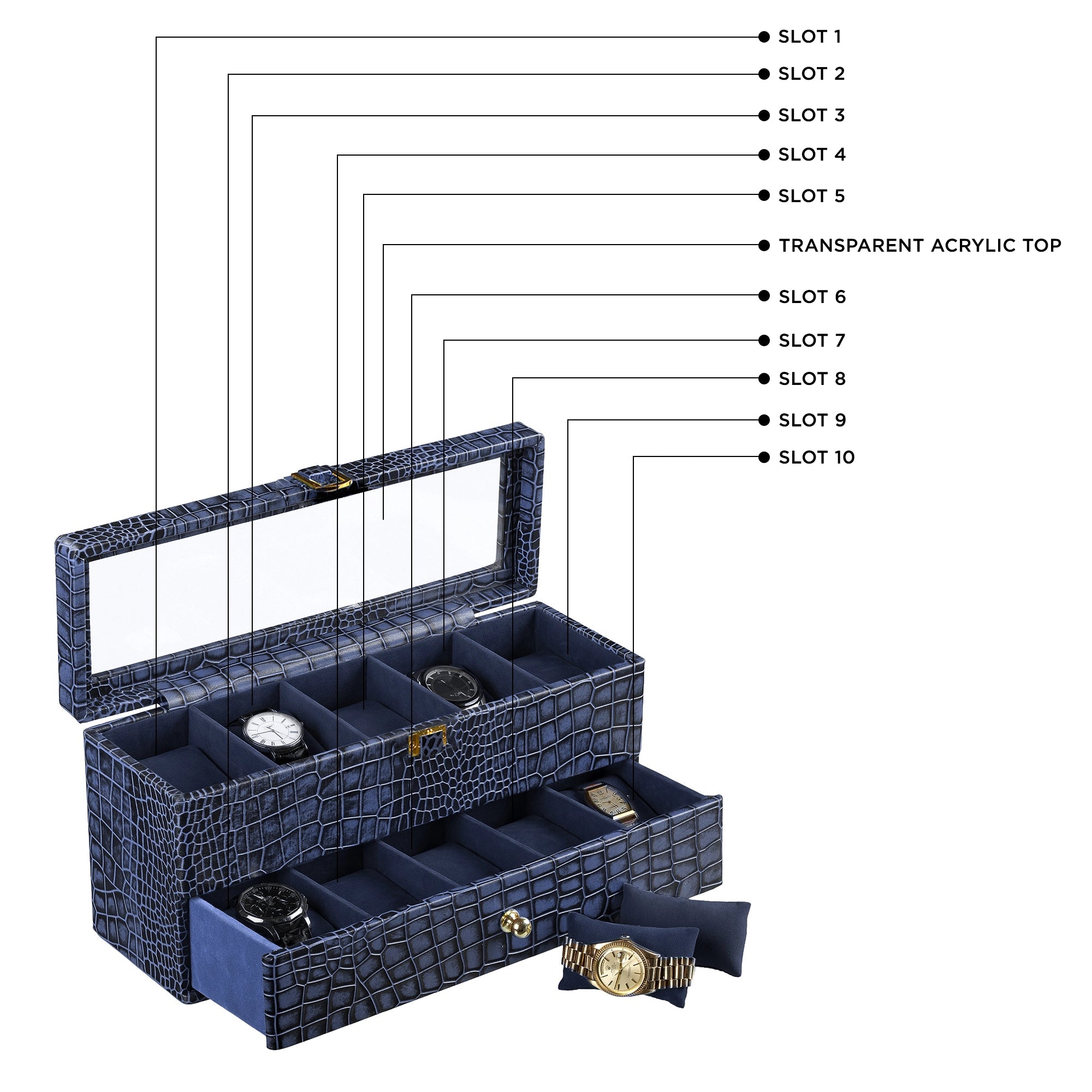 Bronx II Leather Watch Box / Case | 100% Genuine Leather | Can Hold 10 Watches | Acrylic Glass Top | Color: Croco Blue Leather Talks