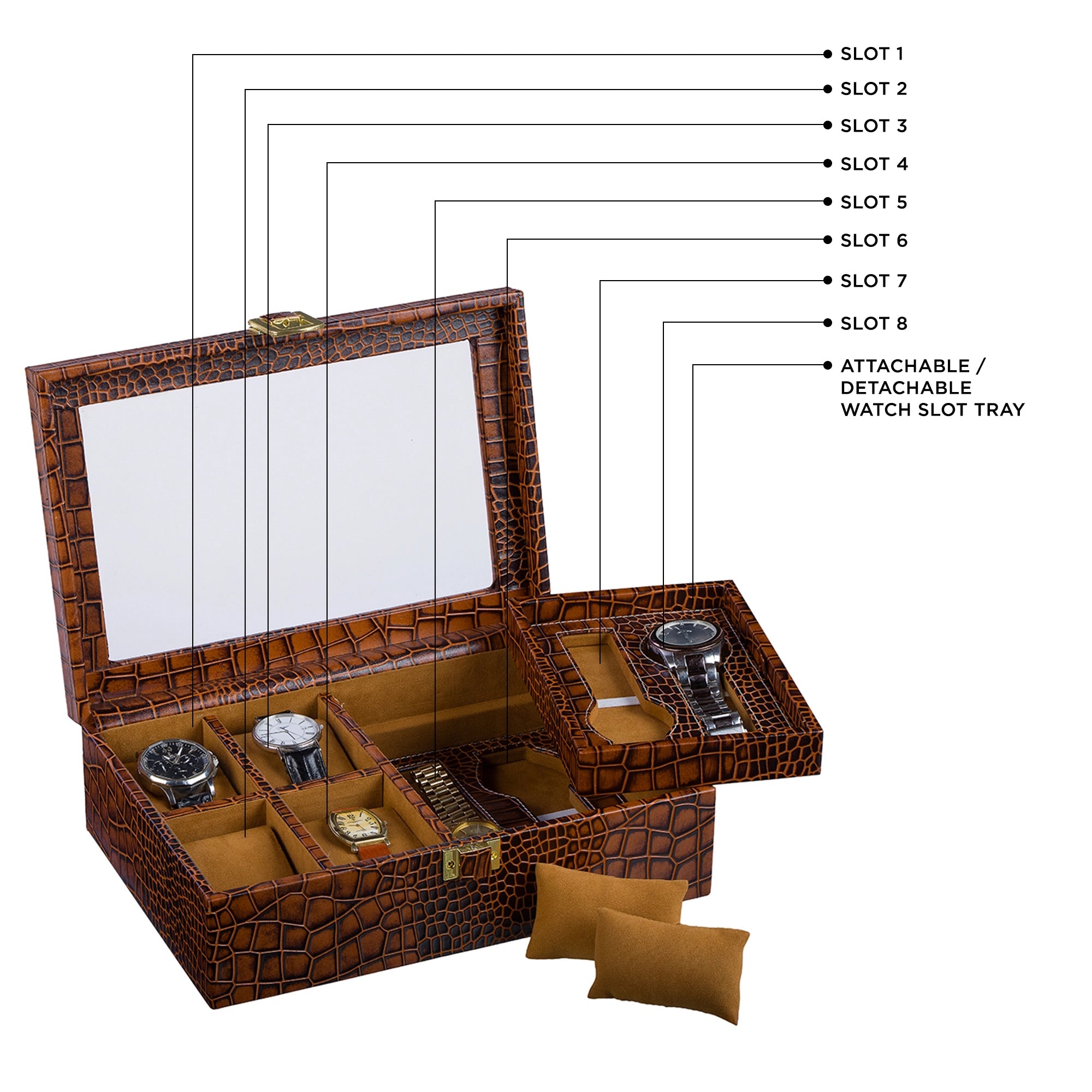 Galio Leather Watch Box / Case | Genuine Leather Watch Box for Men | Can Hold 8 Watches | Acrylic Glass Top | Color: Croco Tan Leather Talks