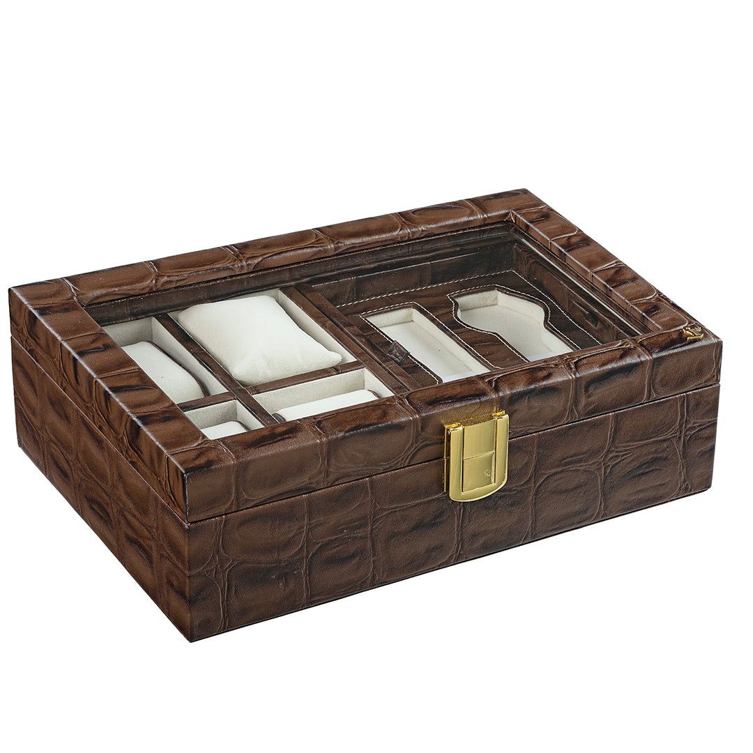 Galio Leather Watch Box / Case | 100% Genuine Leather | Can Hold 6 Watches | Acrylic Glass Top | Color: Brown
