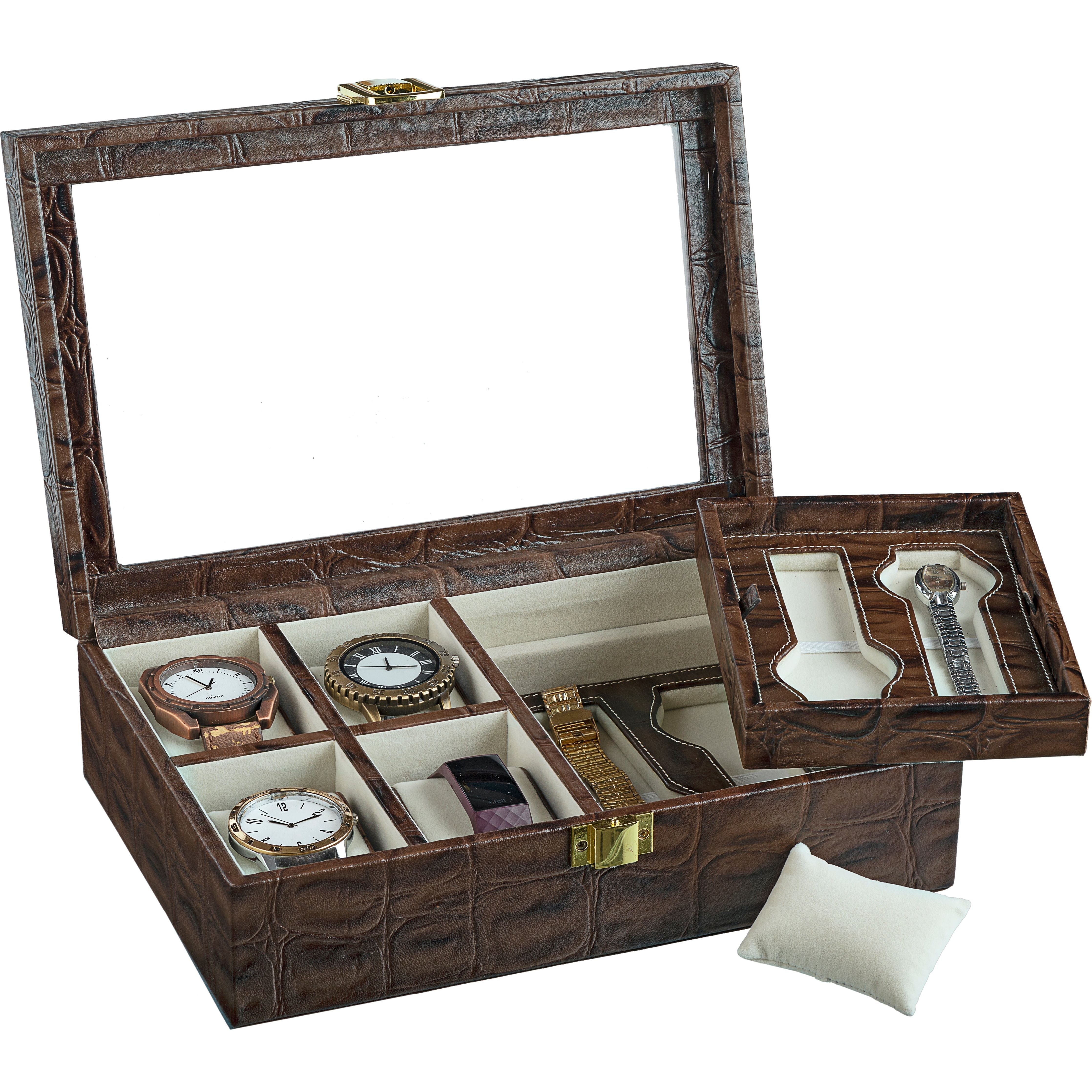 Galio Leather Watch Box / Case | 100% Genuine Leather | Can Hold 8 Watches | Acrylic Glass Top | Color: Crocotail Blue & Brown Leather Talks