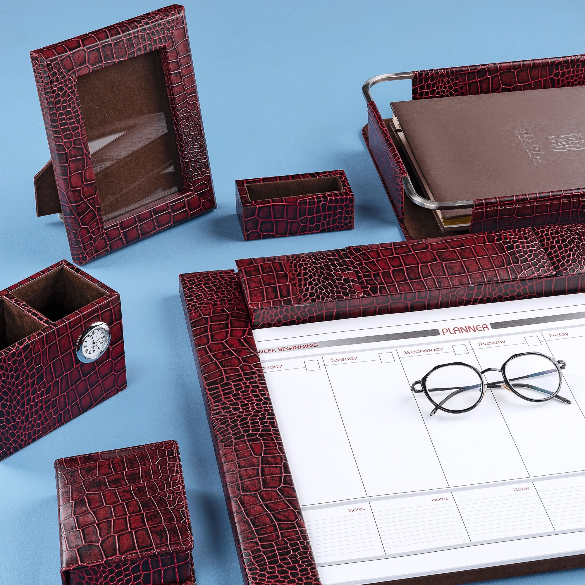 Corporate New Year Gift | Desktop Planner Set I | Office Table Accessories| Croco Embossed Genuine Leather | Color- Cherry Leather Talks